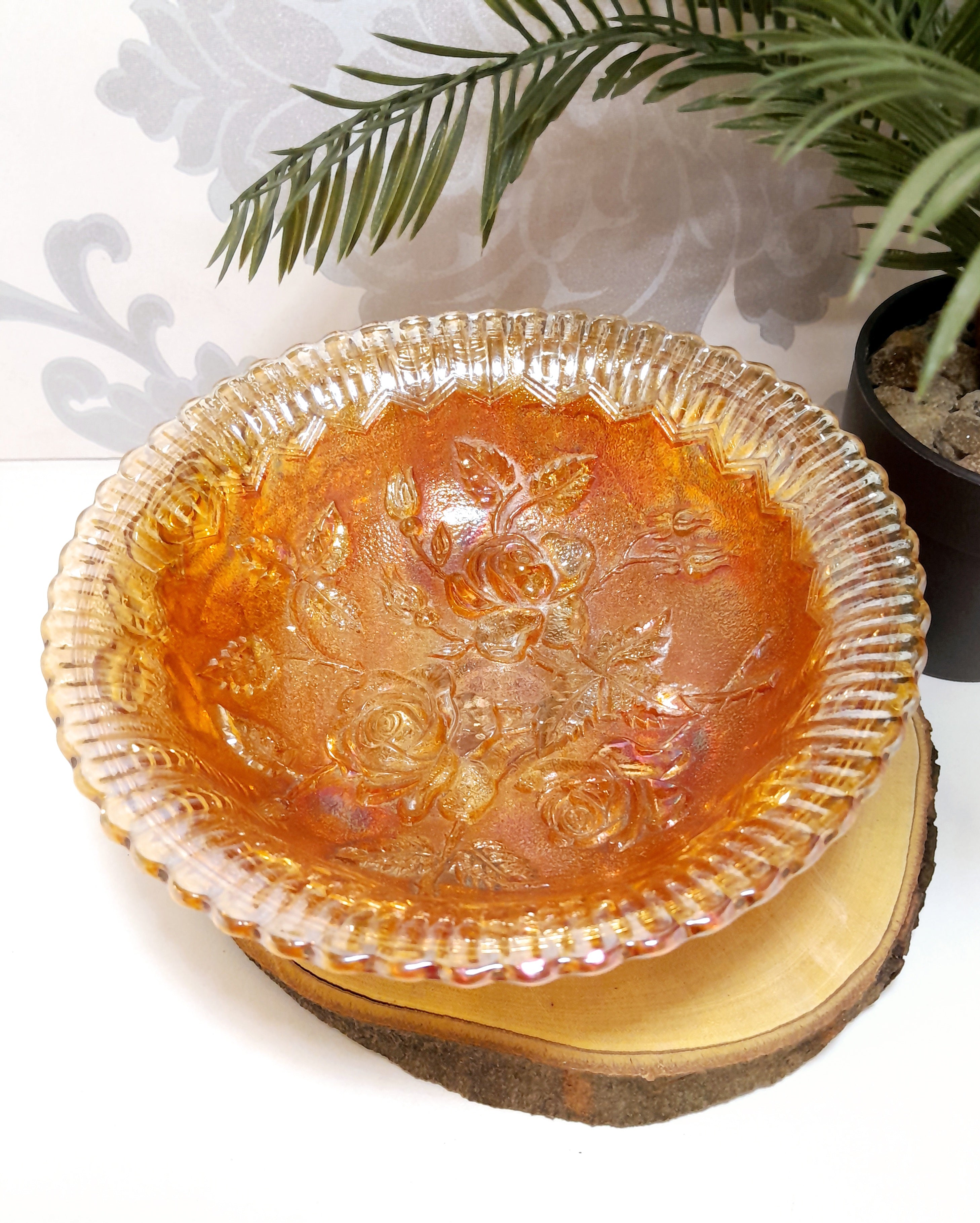 Vintage Salmon Coloured Carnival Glass Candy Bowl On Three Feet