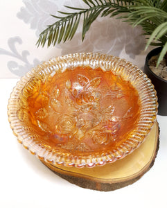 Vintage Salmon Coloured Carnival Glass Candy Bowl On Three Feet