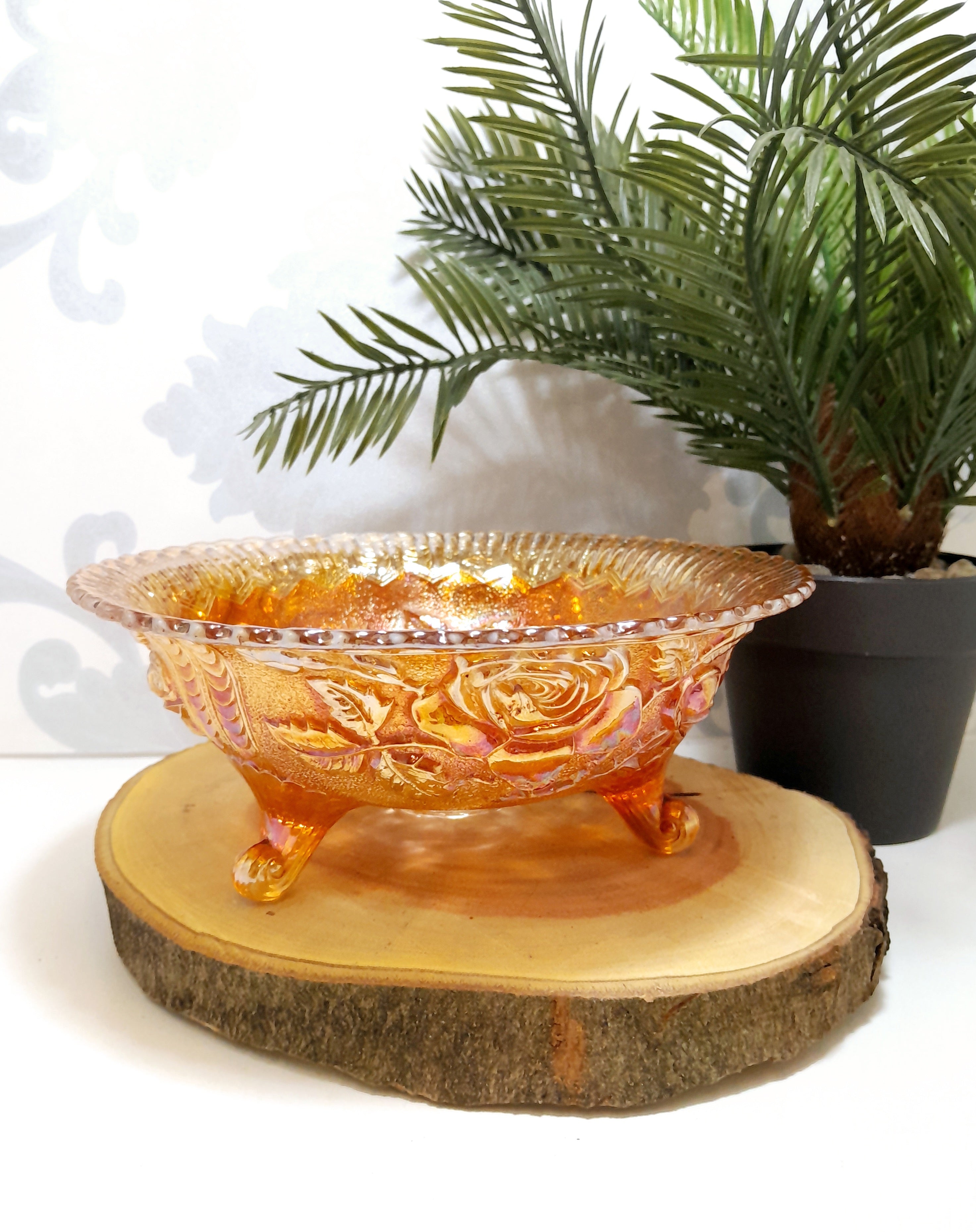 Vintage Salmon Coloured Carnival Glass Candy Bowl On Three Feet