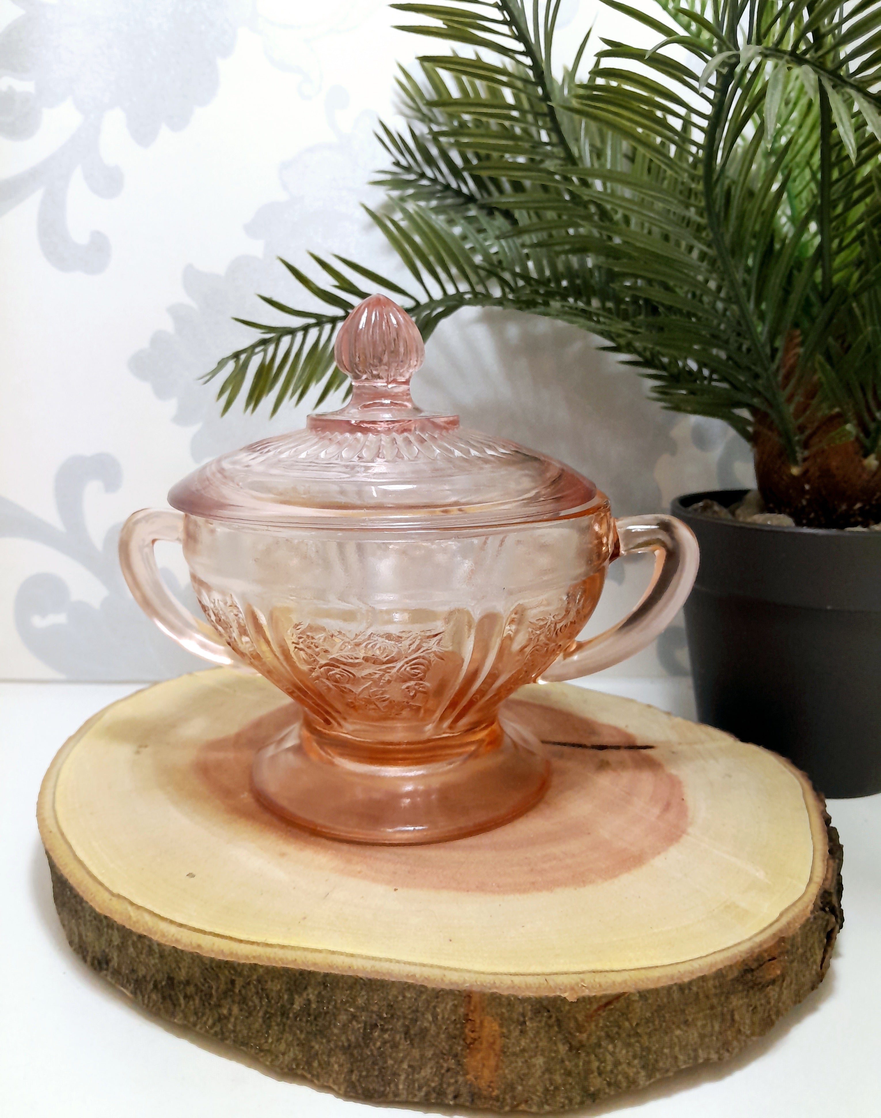 Vintage Salmon Coloured Lidded Pedestal Bowl With Handles
