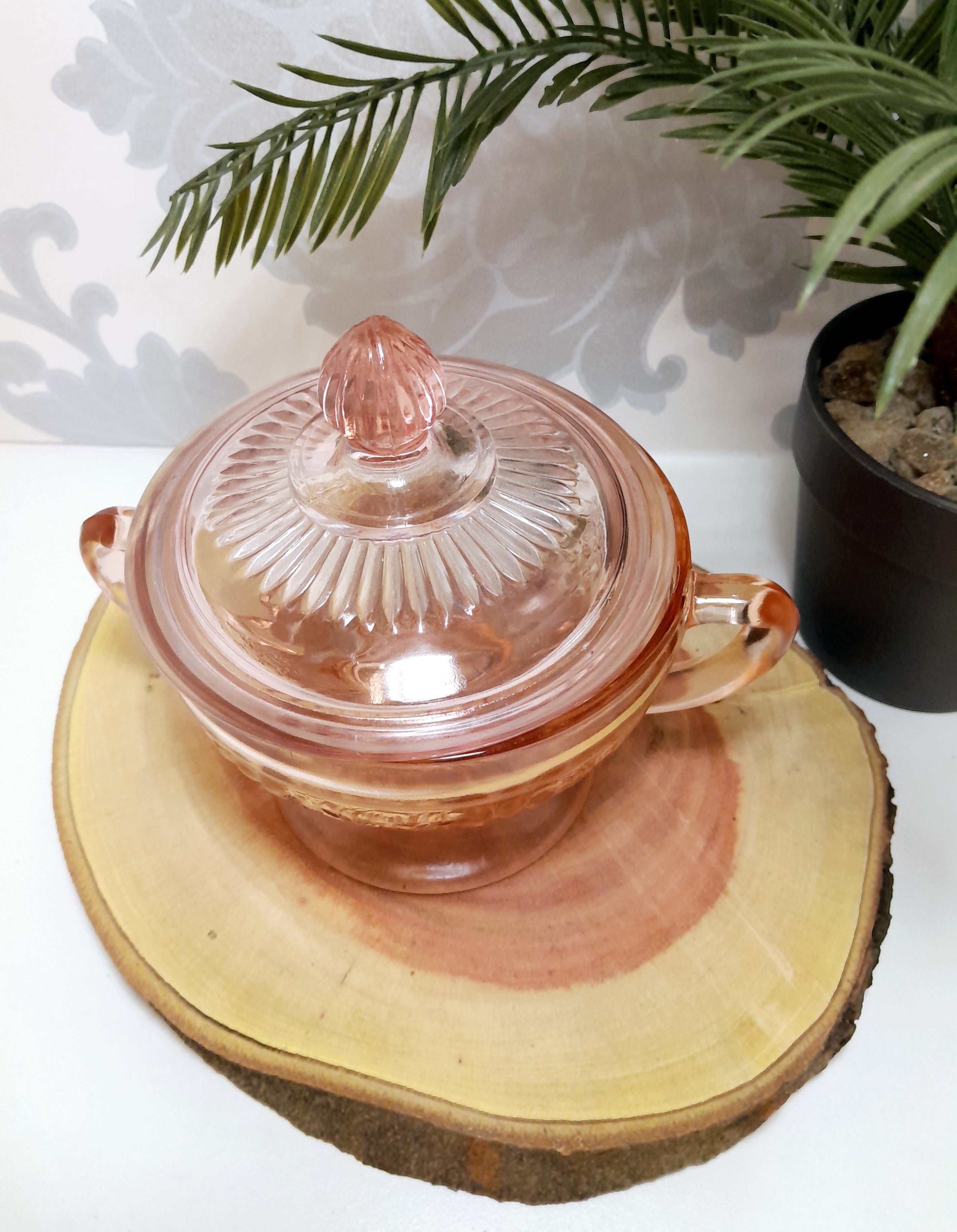 Vintage Salmon Coloured Lidded Pedestal Bowl With Handles