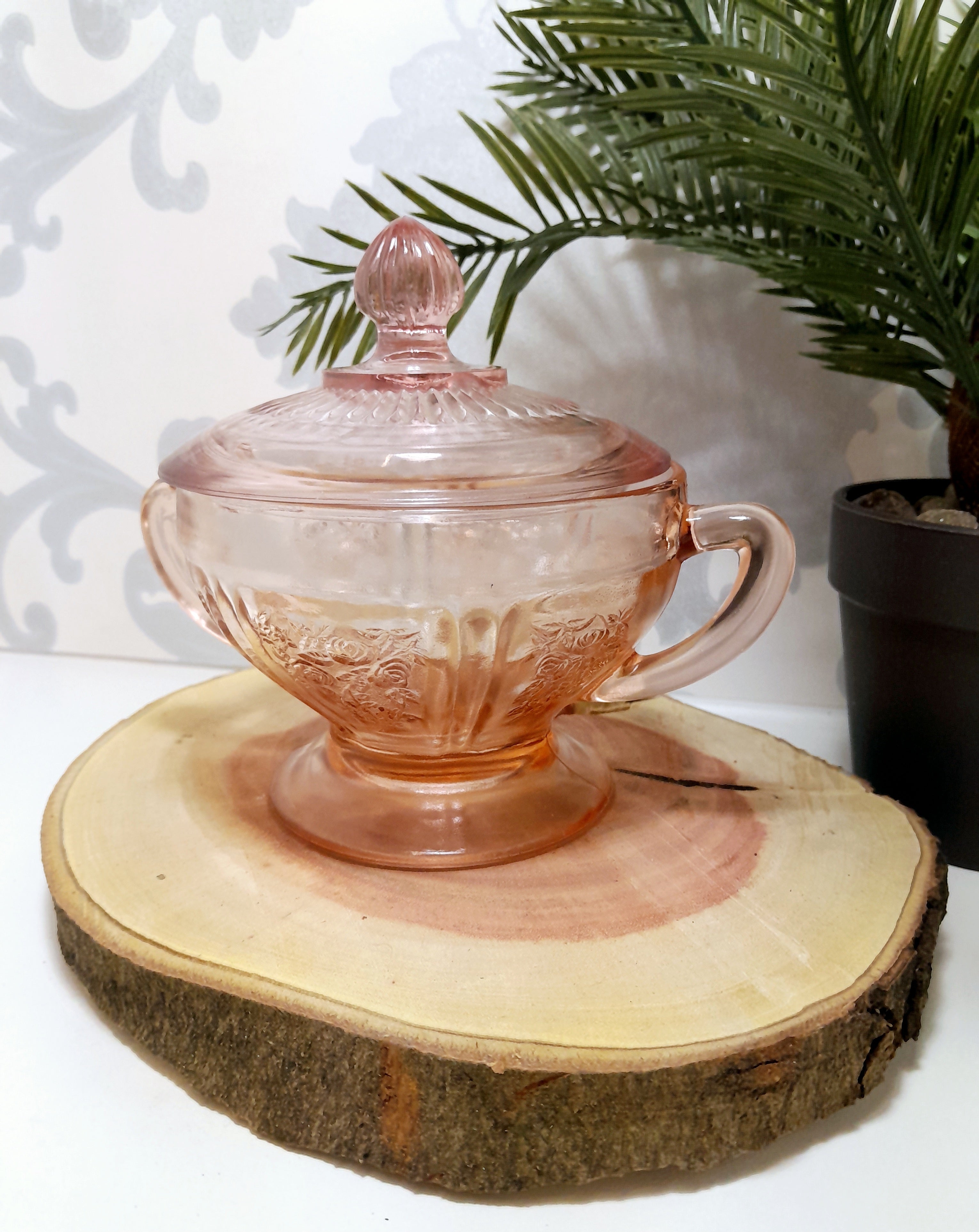 Vintage Salmon Coloured Lidded Pedestal Bowl With Handles