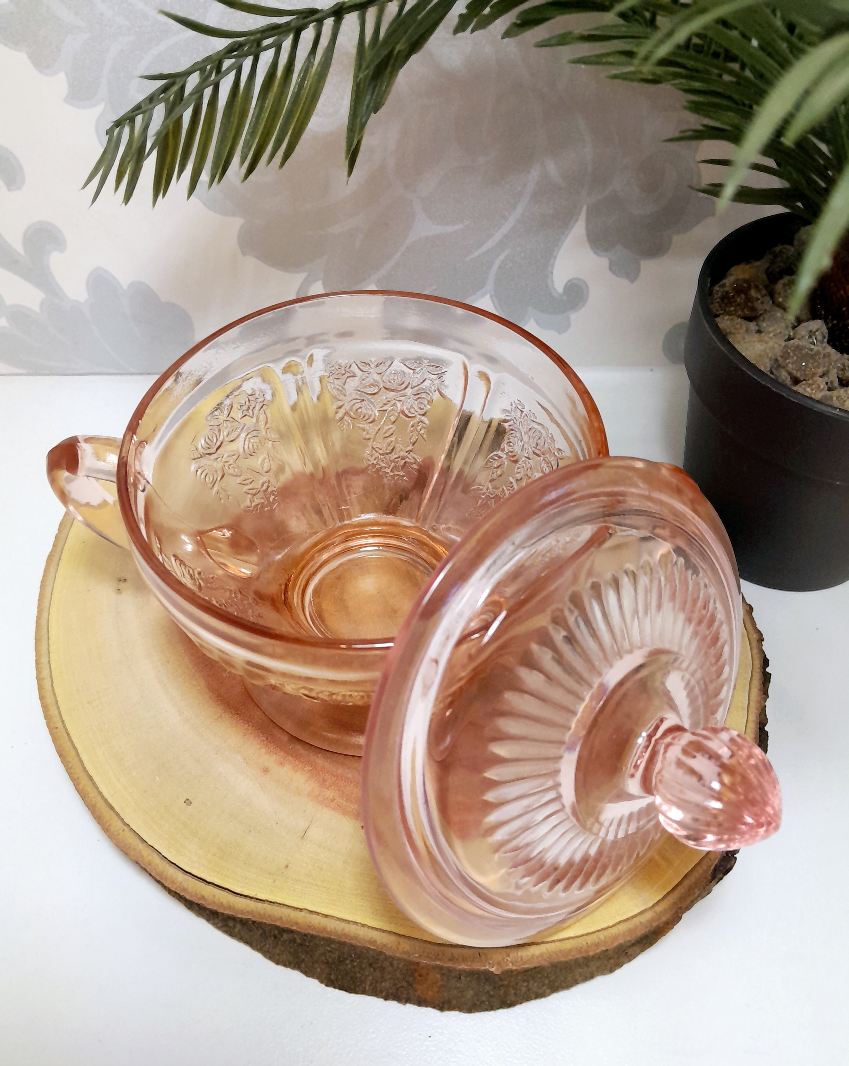 Vintage Salmon Coloured Lidded Pedestal Bowl With Handles