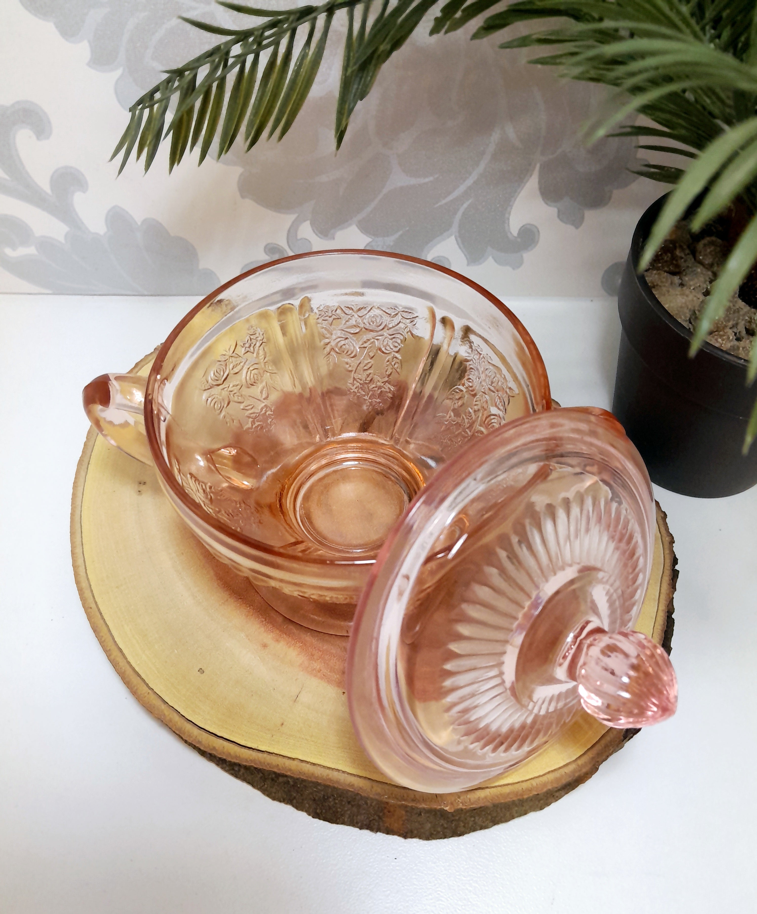 Vintage Salmon Coloured Lidded Pedestal Bowl With Handles