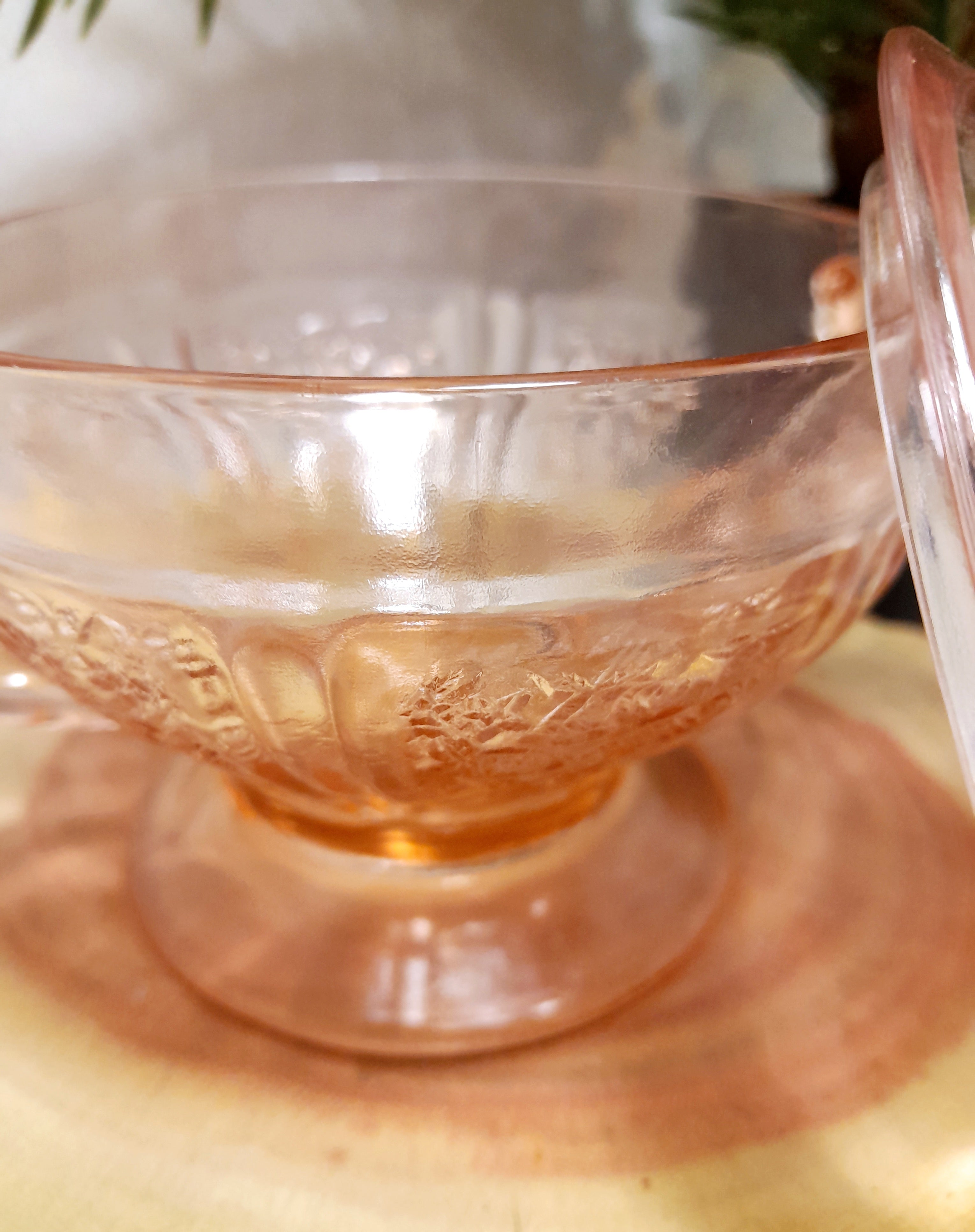 Vintage Salmon Coloured Lidded Pedestal Bowl With Handles