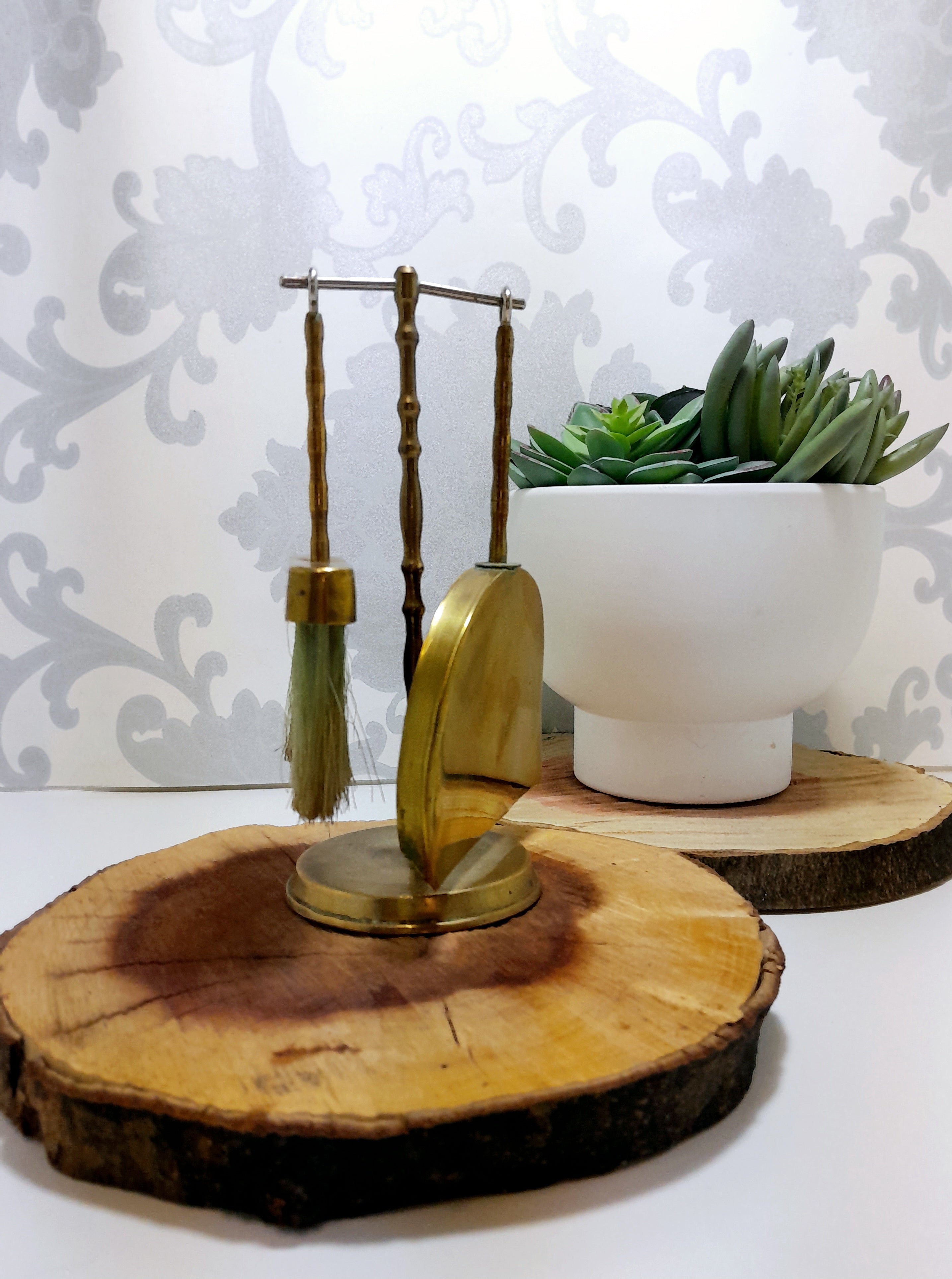 Vintage Brass Crumb Tray & Brush Hanging On A Stand