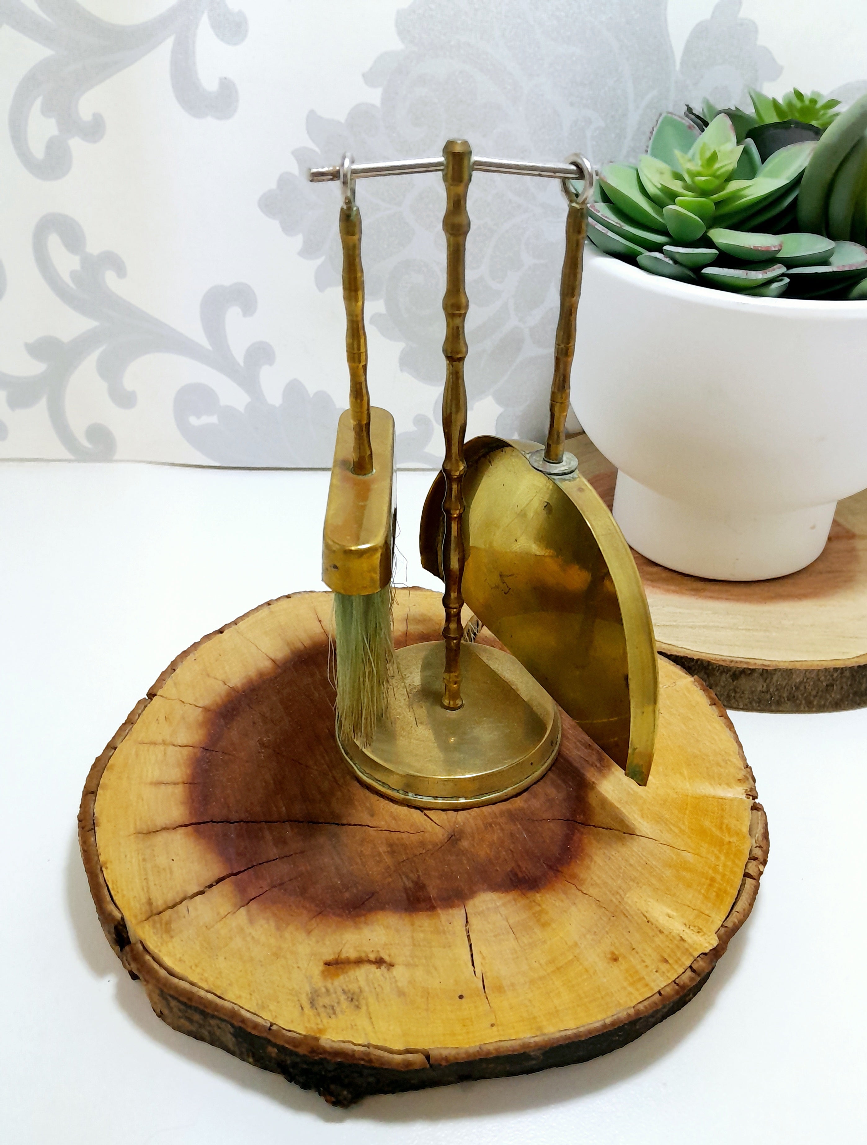 Vintage Brass Crumb Tray & Brush Hanging On A Stand