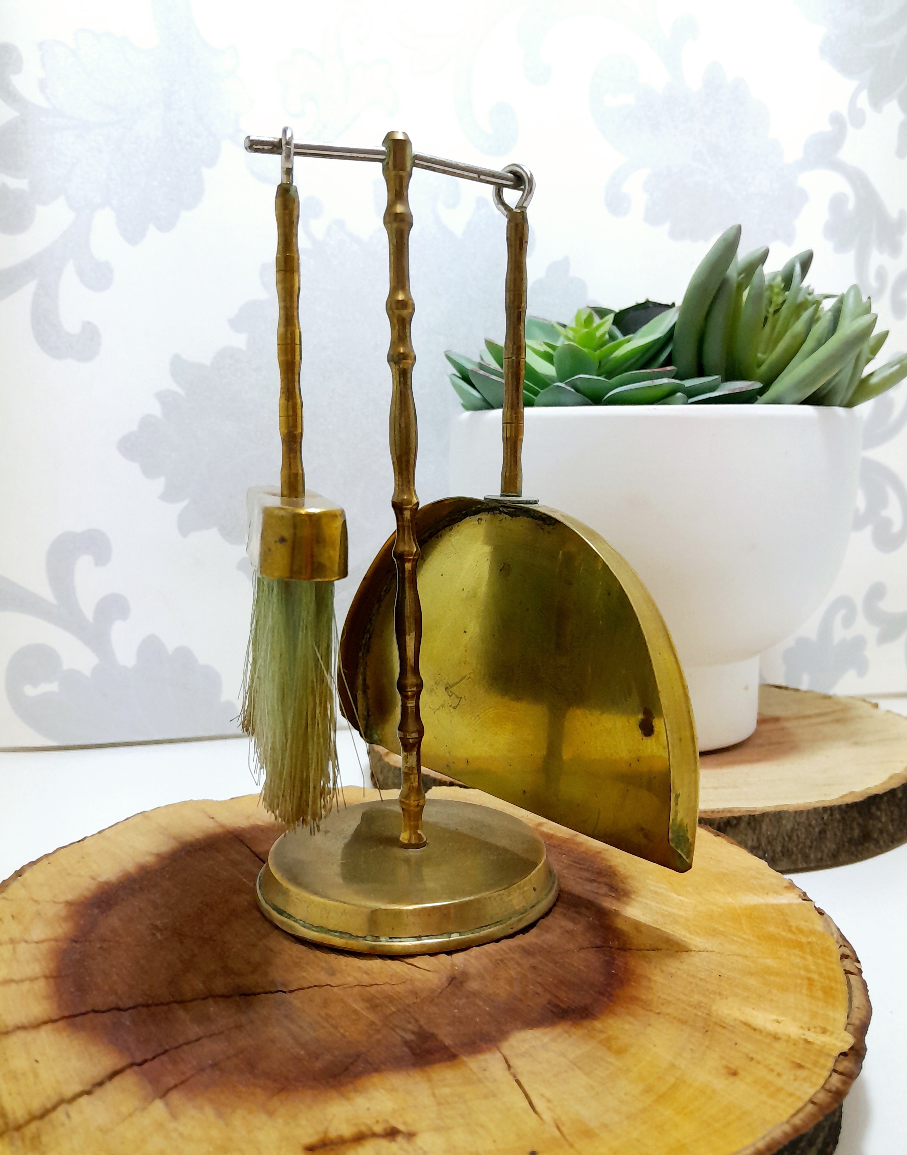 Vintage Brass Crumb Tray & Brush Hanging On A Stand