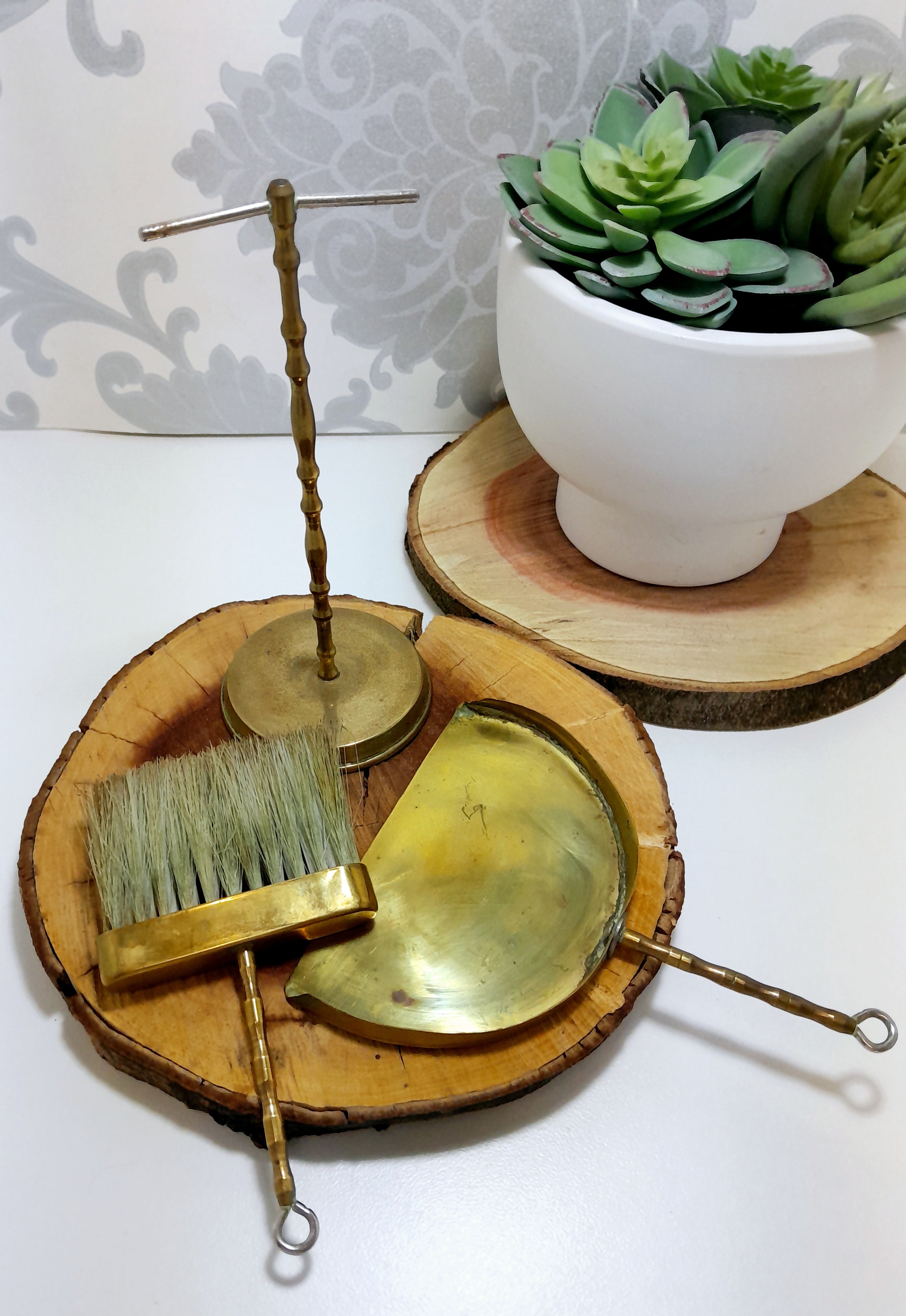 Vintage Brass Crumb Tray & Brush Hanging On A Stand