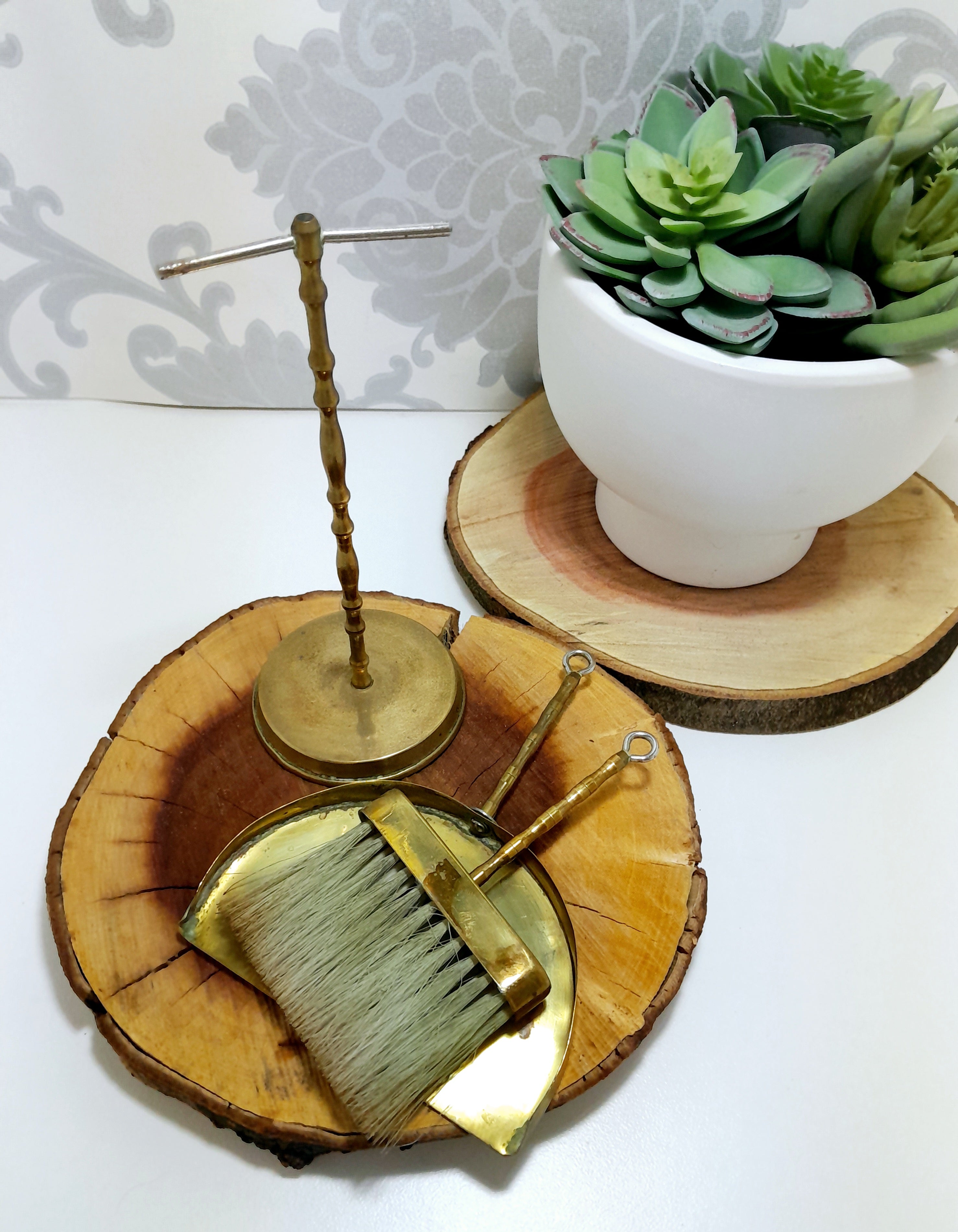 Vintage Brass Crumb Tray & Brush Hanging On A Stand