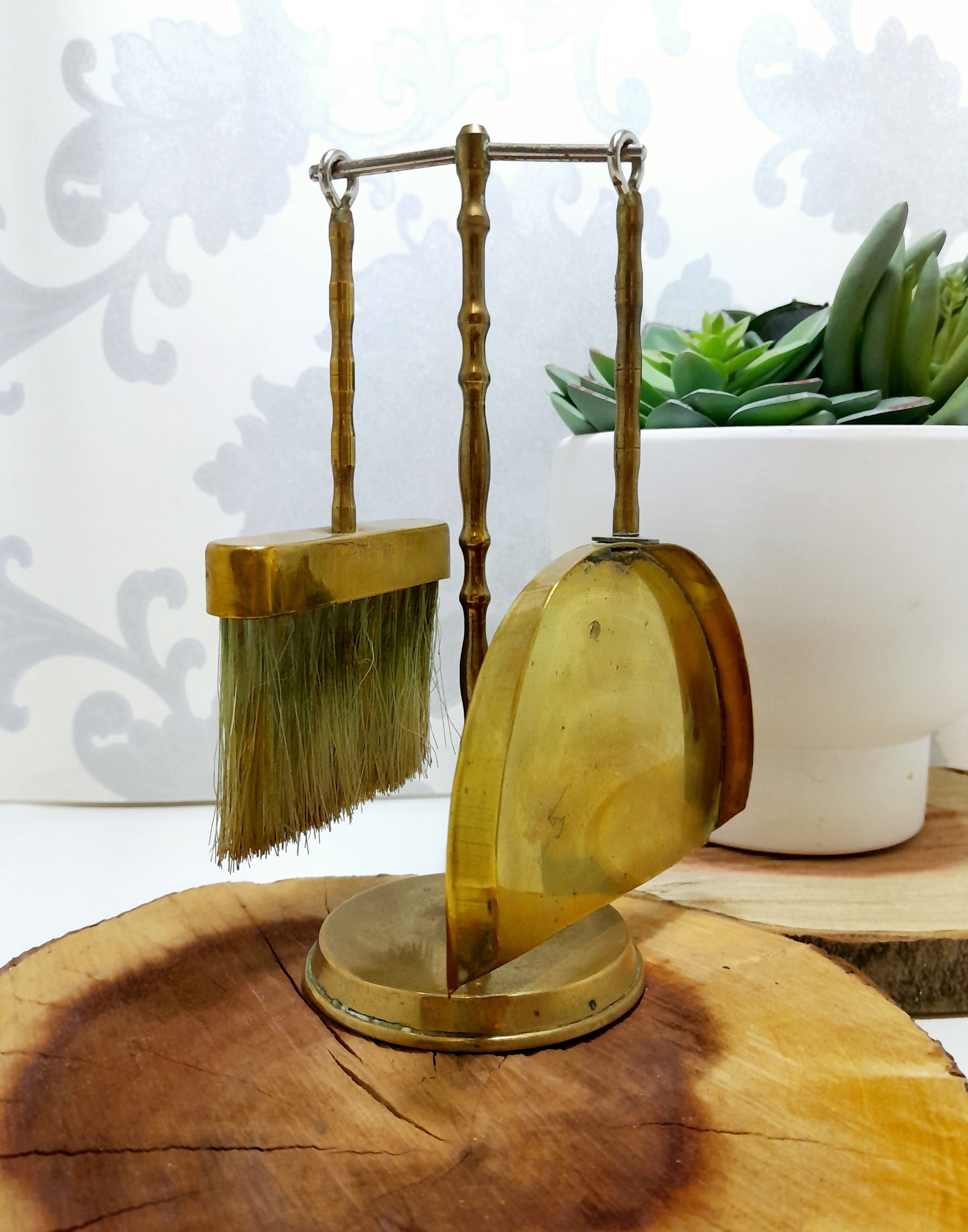Vintage Brass Crumb Tray & Brush Hanging On A Stand