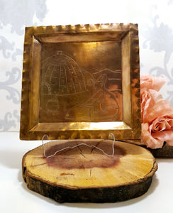 Vintage Square Handcrafted Brass Tray With African Etching