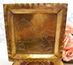 Vintage Square Handcrafted Brass Tray With African Etching