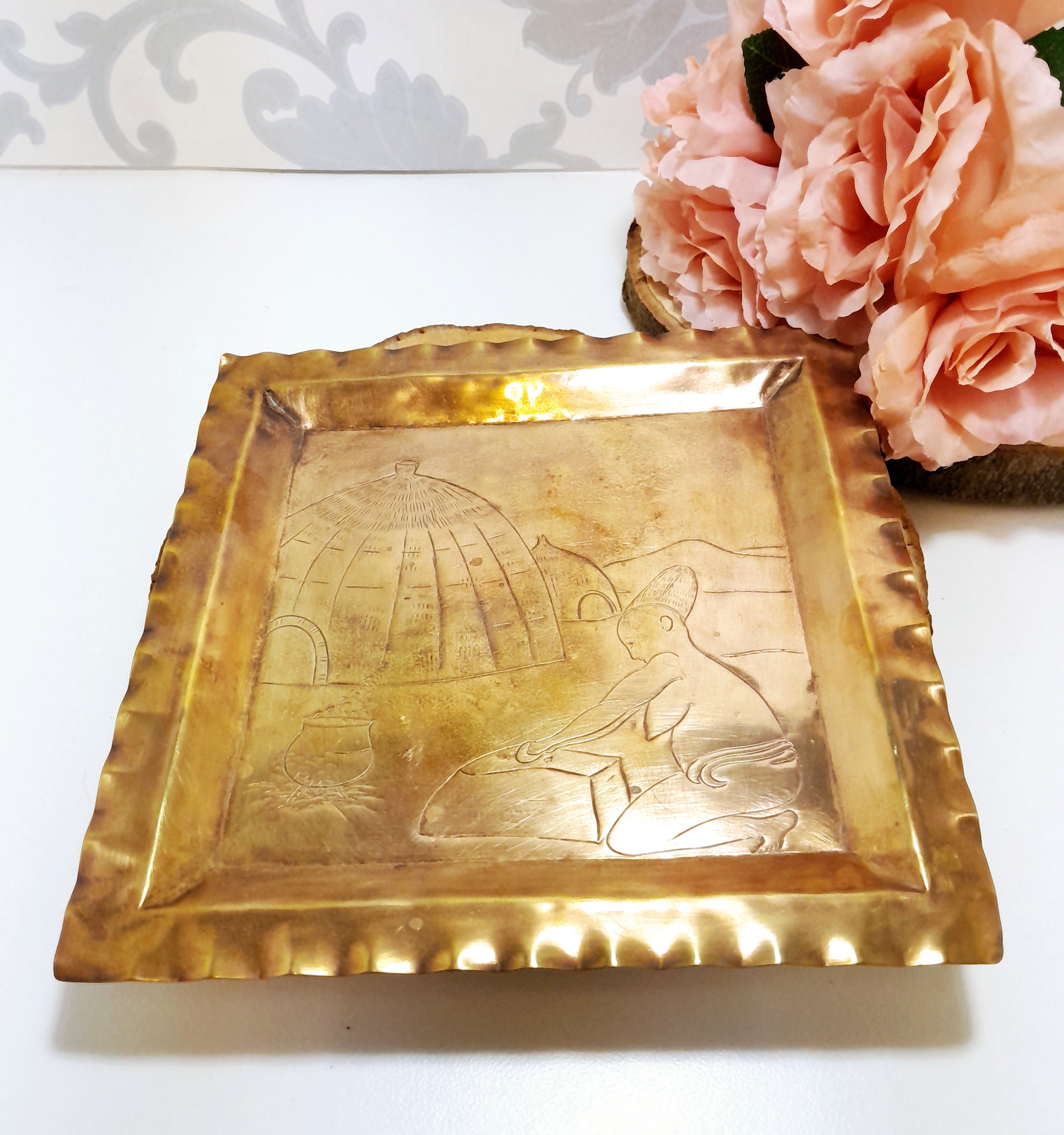 Vintage Square Handcrafted Brass Tray With African Etching