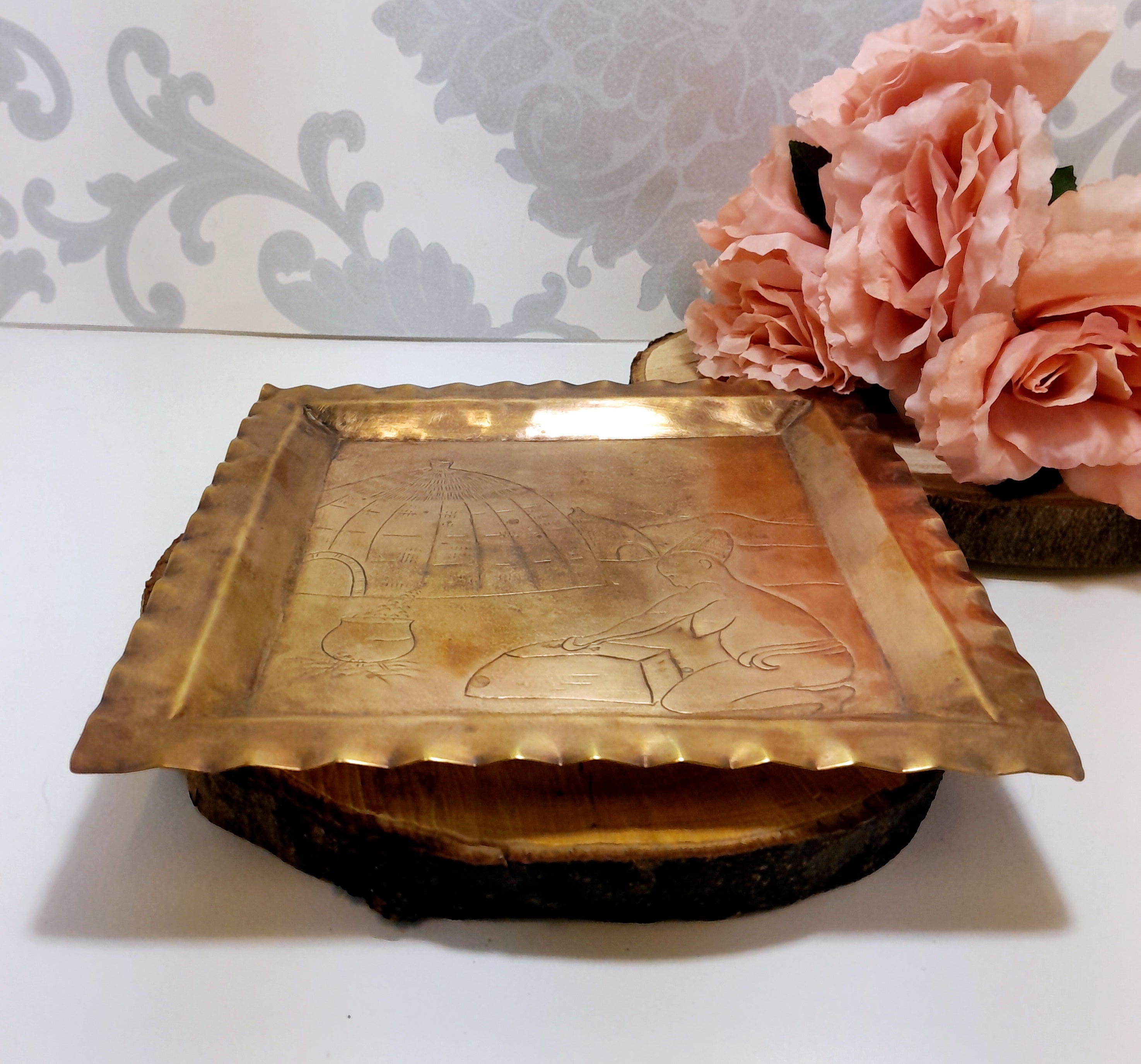 Vintage Square Handcrafted Brass Tray With African Etching