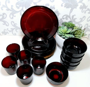 15 Piece Ruby Red Vintage Glass Breakfast Set – Plates, Bowls & Tumblers