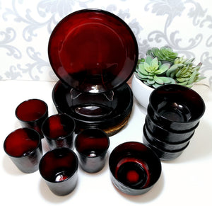 15 Piece Ruby Red Vintage Glass Breakfast Set – Plates, Bowls & Tumblers