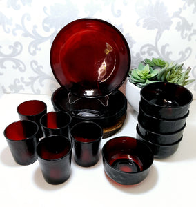 15 Piece Ruby Red Vintage Glass Breakfast Set – Plates, Bowls & Tumblers