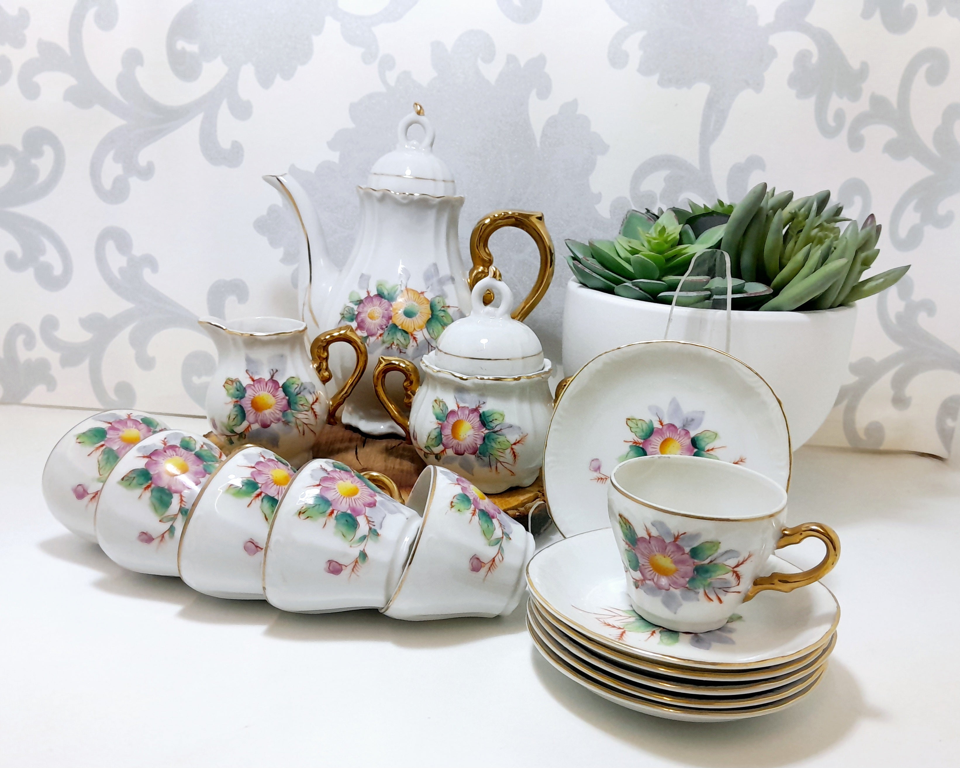 Complete Vintage Japanese Fine Bone China Demitasse Set