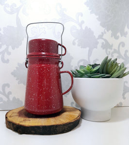 Beautiful Speckled Red Vintage Enamel Billy Can – Flask & Cup With Handles