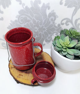 Beautiful Speckled Red Vintage Enamel Billy Can – Flask & Cup With Handles