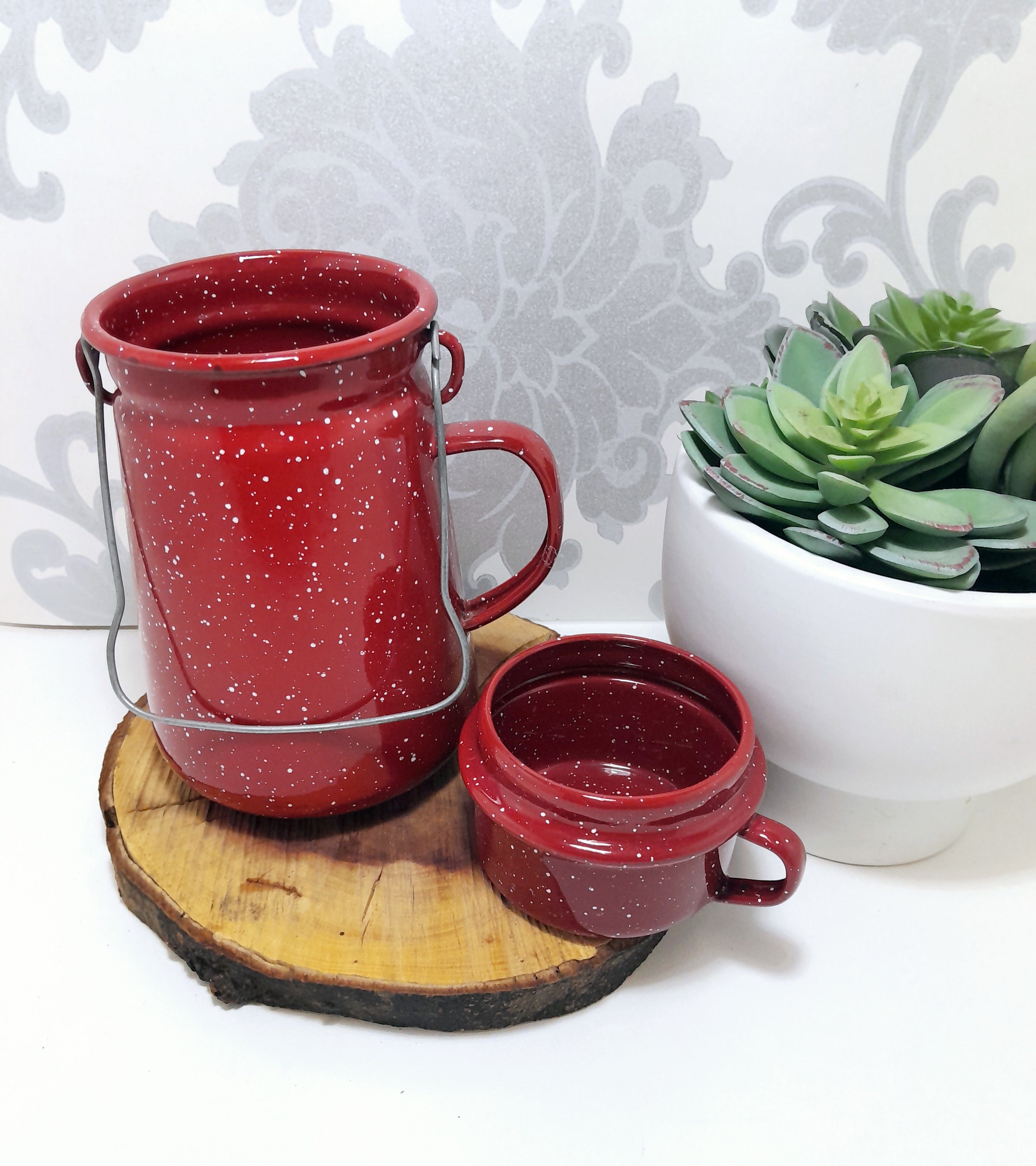 Beautiful Speckled Red Vintage Enamel Billy Can – Flask & Cup With Handles