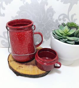 Beautiful Speckled Red Vintage Enamel Billy Can – Flask & Cup With Handles