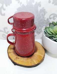 Beautiful Speckled Red Vintage Enamel Billy Can – Flask & Cup With Handles