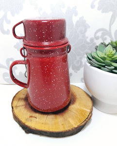 Beautiful Speckled Red Vintage Enamel Billy Can – Flask & Cup With Handles
