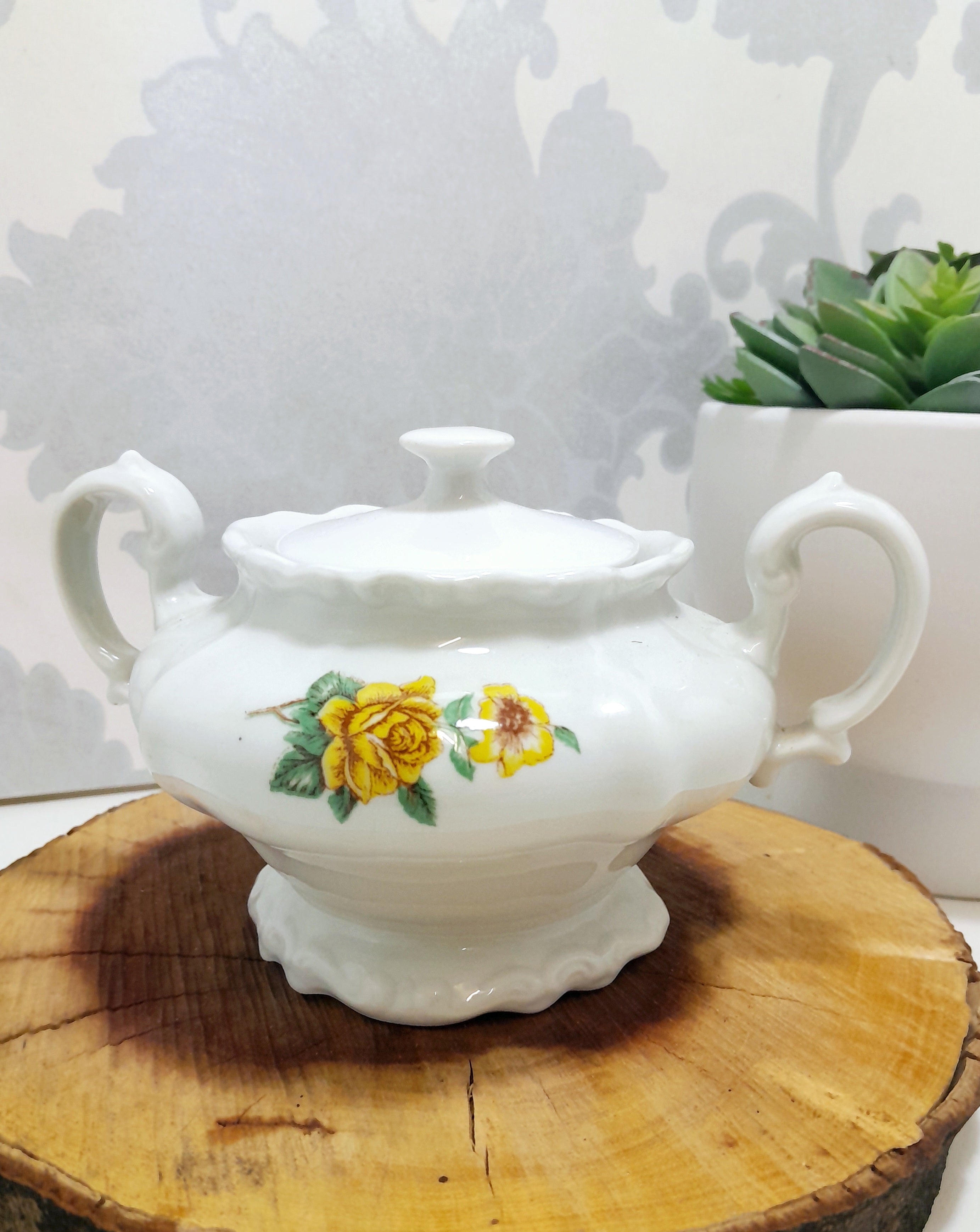 Pioneer Porcelain Vintage Double Handle Lidded Sugar Bowl – Yellow Rose