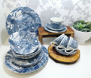20 Piece Blue & White Alfred Meakin “The Post House” Dinner Set For Four