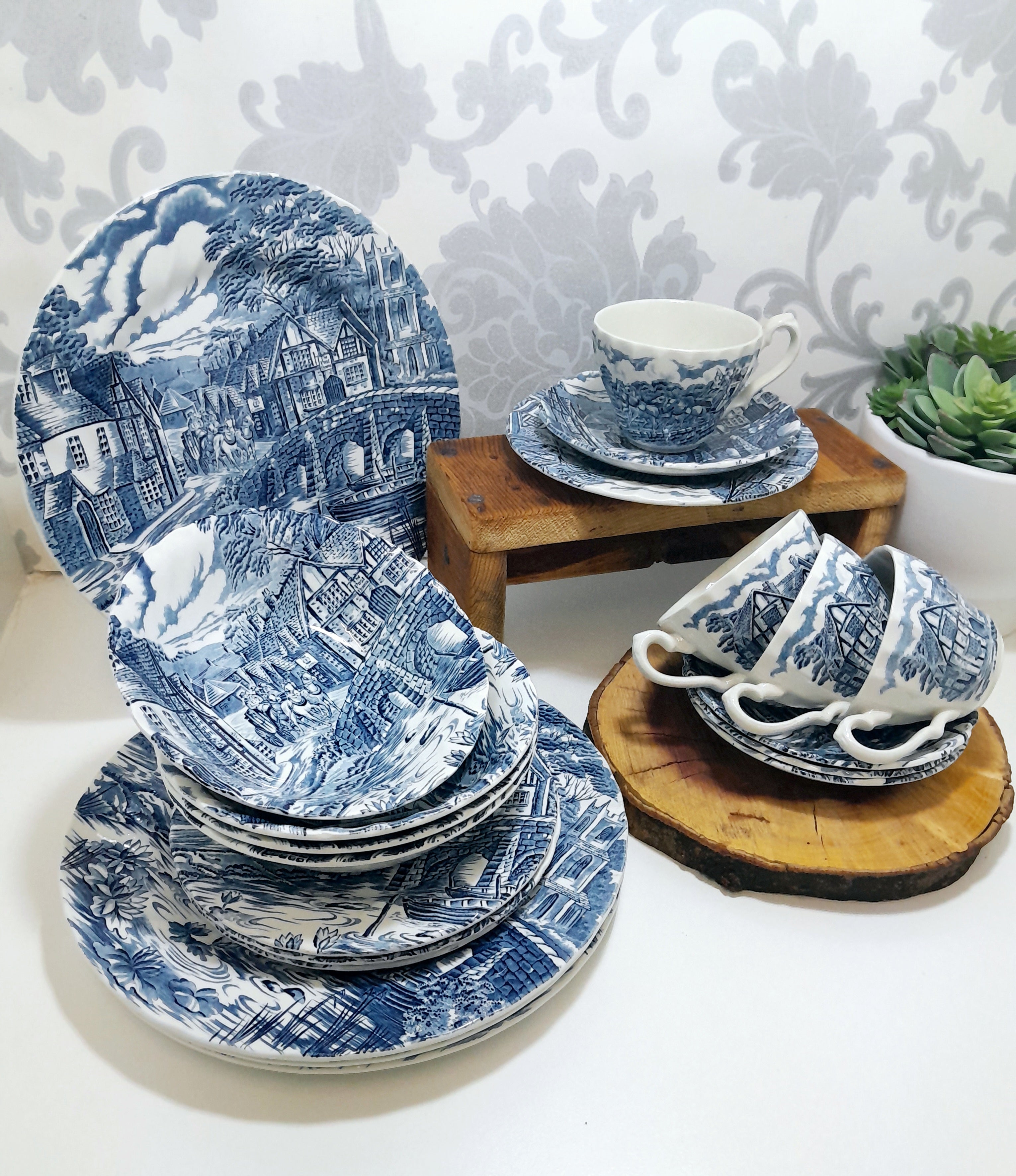 20 Piece Blue & White Alfred Meakin “The Post House” Dinner Set For Four
