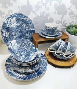 20 Piece Blue & White Alfred Meakin “The Post House” Dinner Set For Four