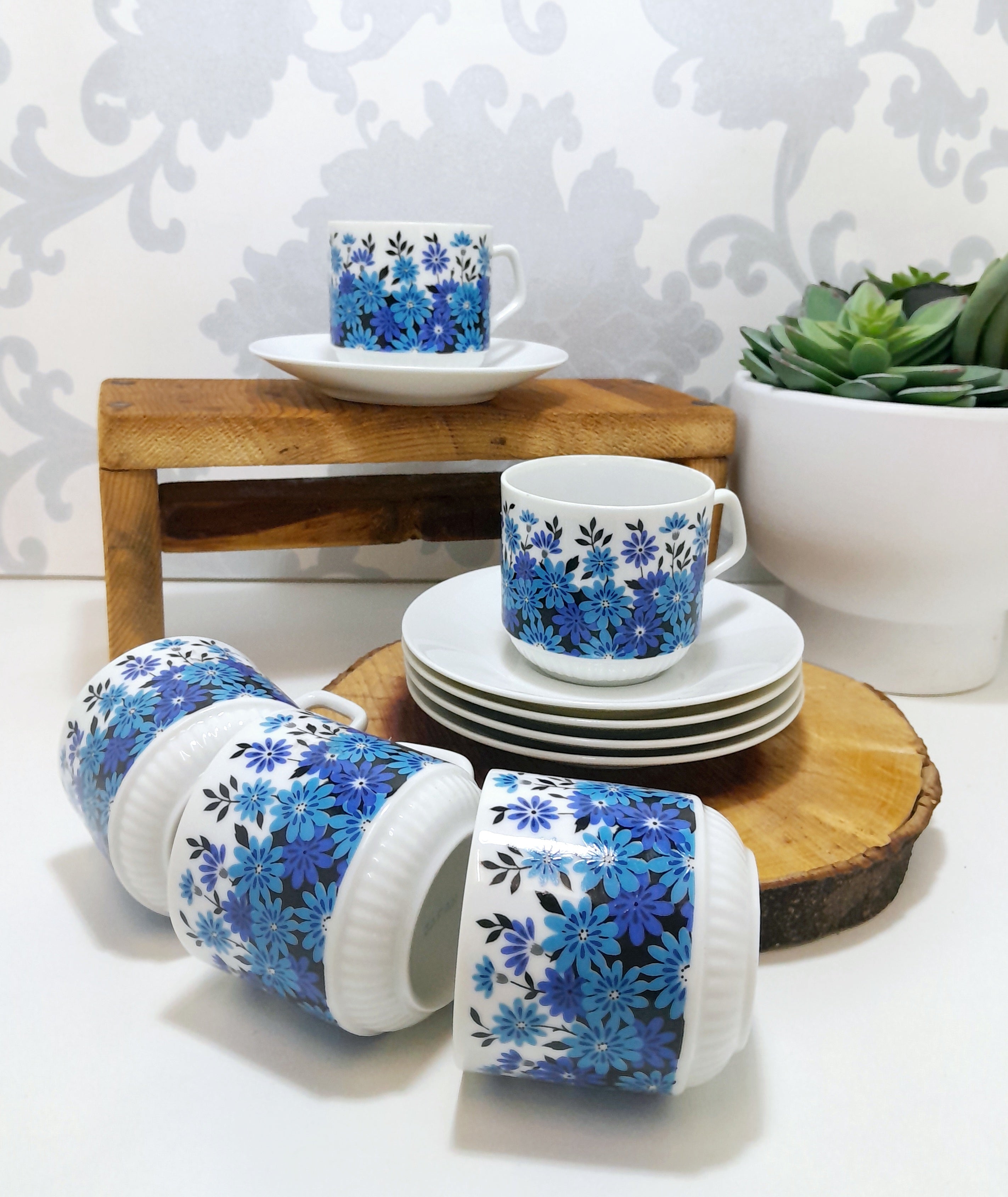 Set Of 5 Dainty & Fine Retro Blue & White Japanese Cups & Saucers