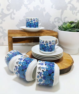 Set Of 5 Dainty & Fine Retro Blue & White Japanese Cups & Saucers