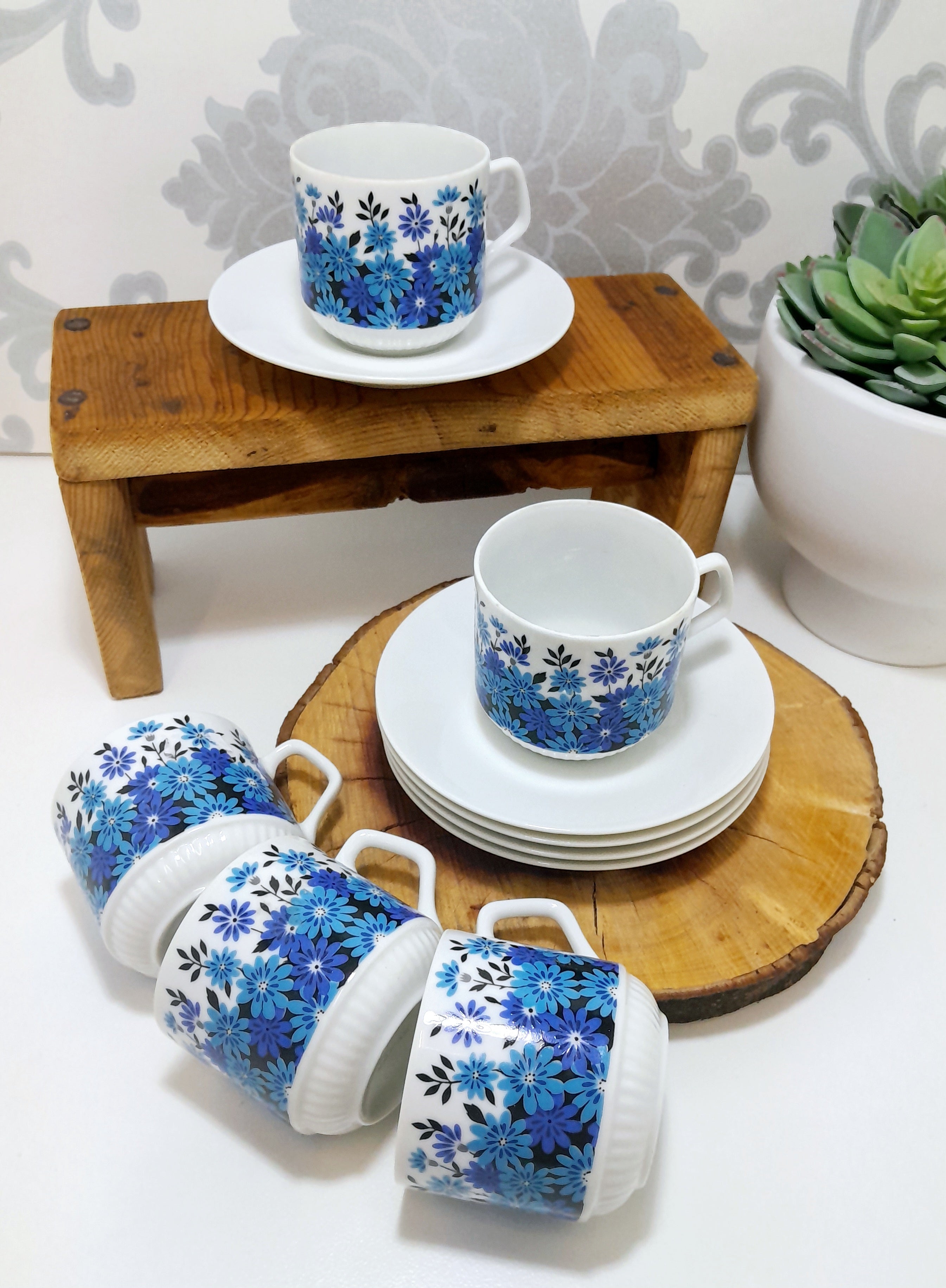 Set Of 5 Dainty & Fine Retro Blue & White Japanese Cups & Saucers