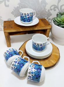 Set Of 5 Dainty & Fine Retro Blue & White Japanese Cups & Saucers