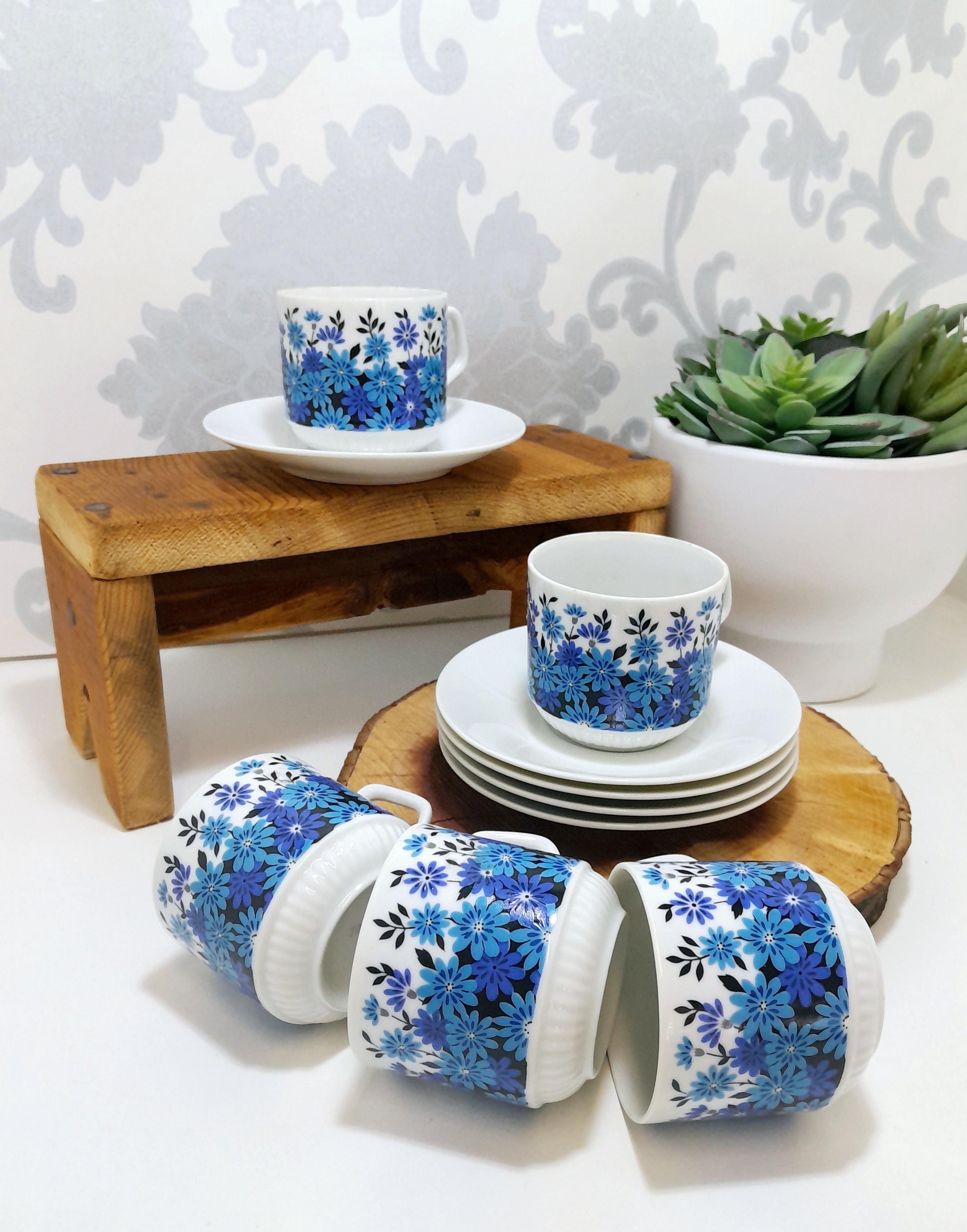 Set Of 5 Dainty & Fine Retro Blue & White Japanese Cups & Saucers
