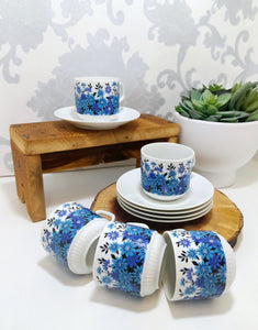 Set Of 5 Dainty & Fine Retro Blue & White Japanese Cups & Saucers