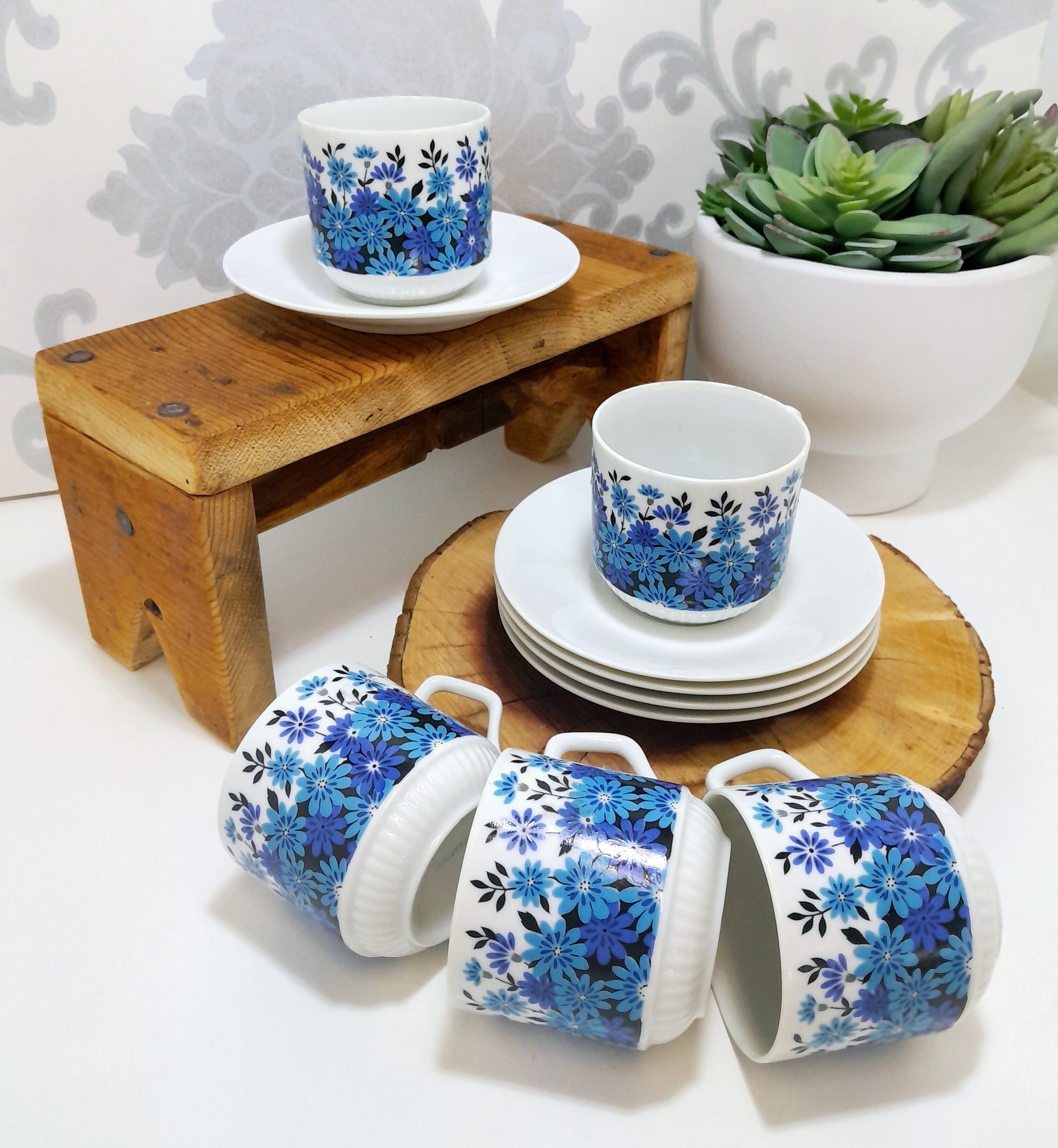 Set Of 5 Dainty & Fine Retro Blue & White Japanese Cups & Saucers