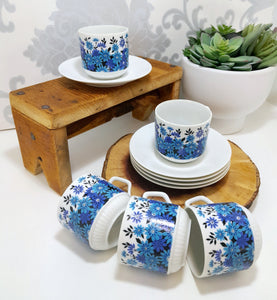 Set Of 5 Dainty & Fine Retro Blue & White Japanese Cups & Saucers