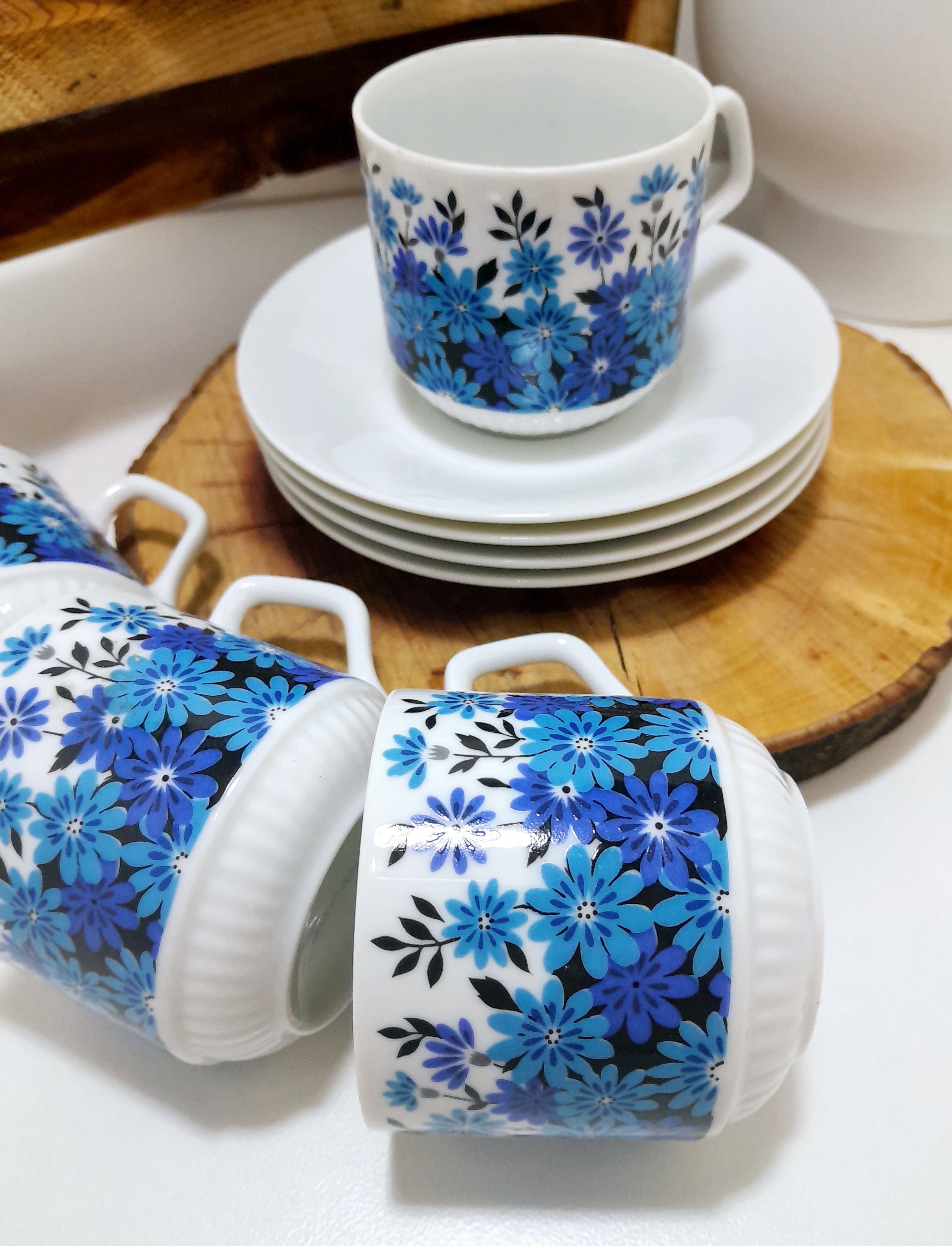 Set Of 5 Dainty & Fine Retro Blue & White Japanese Cups & Saucers