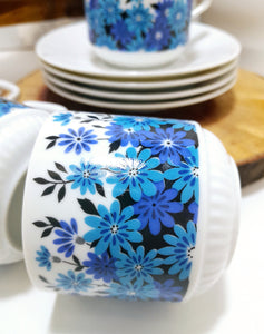 Set Of 5 Dainty & Fine Retro Blue & White Japanese Cups & Saucers