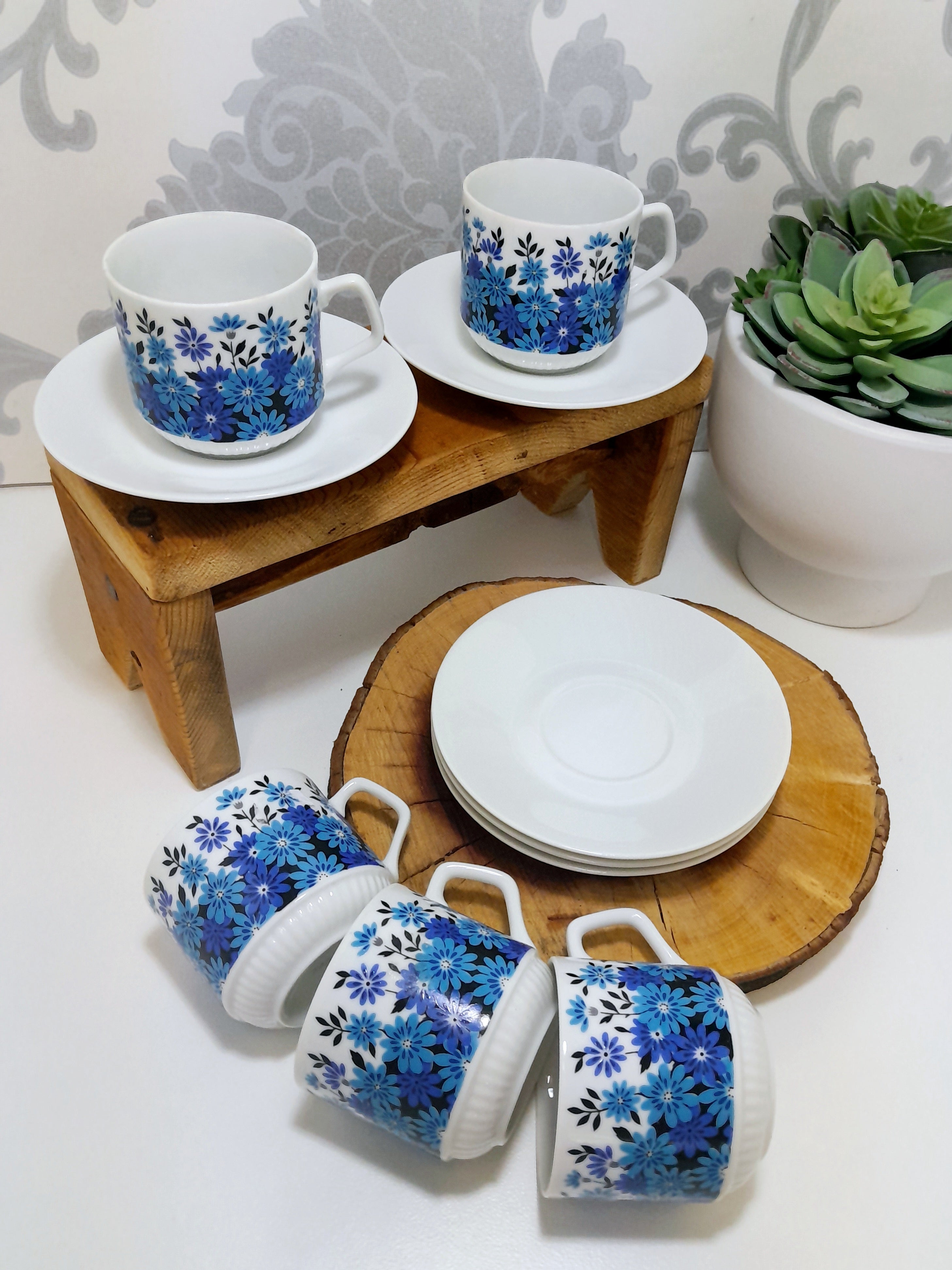 Set Of 5 Dainty & Fine Retro Blue & White Japanese Cups & Saucers