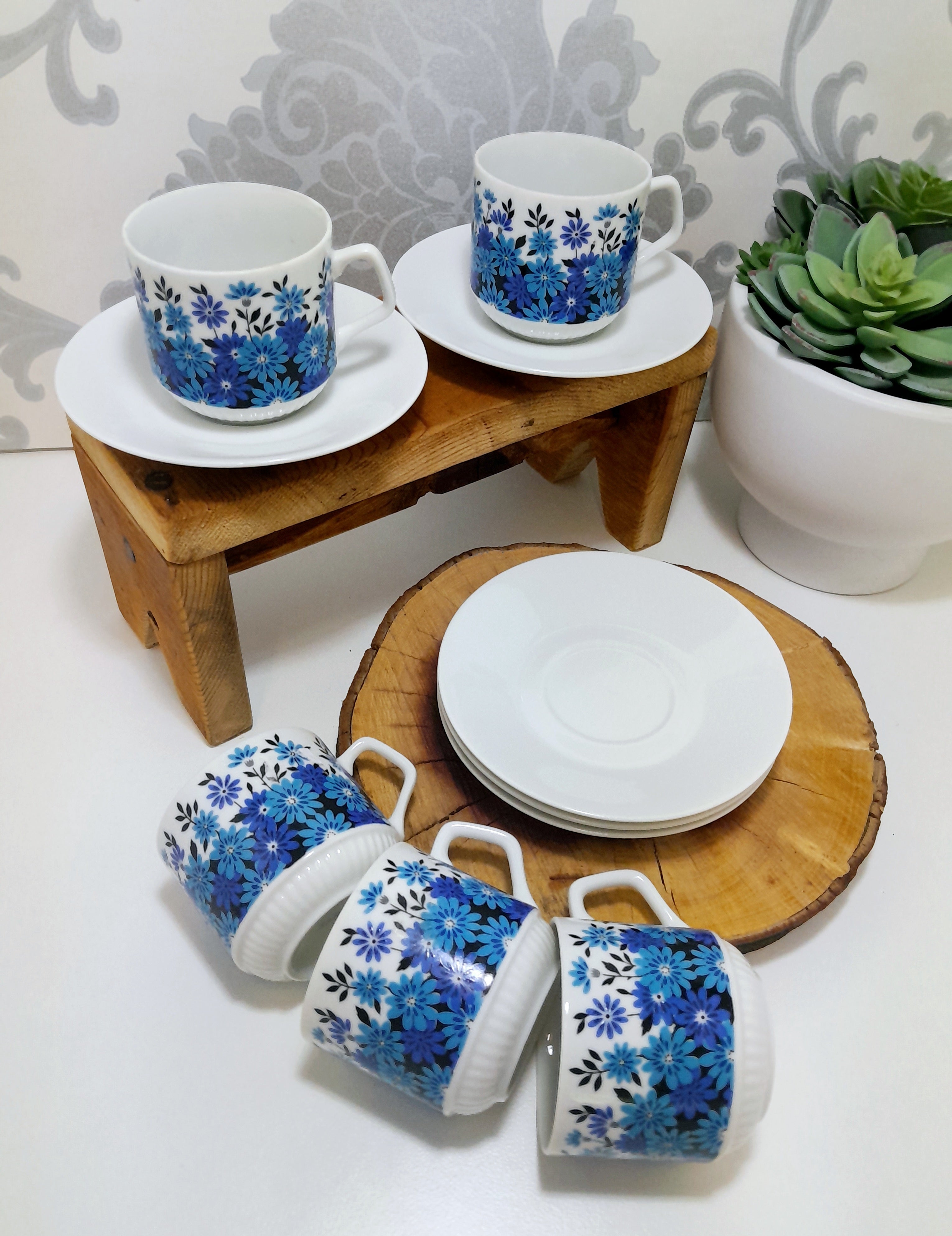 Set Of 5 Dainty & Fine Retro Blue & White Japanese Cups & Saucers