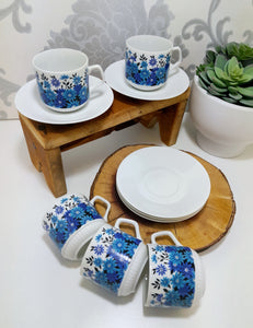 Set Of 5 Dainty & Fine Retro Blue & White Japanese Cups & Saucers