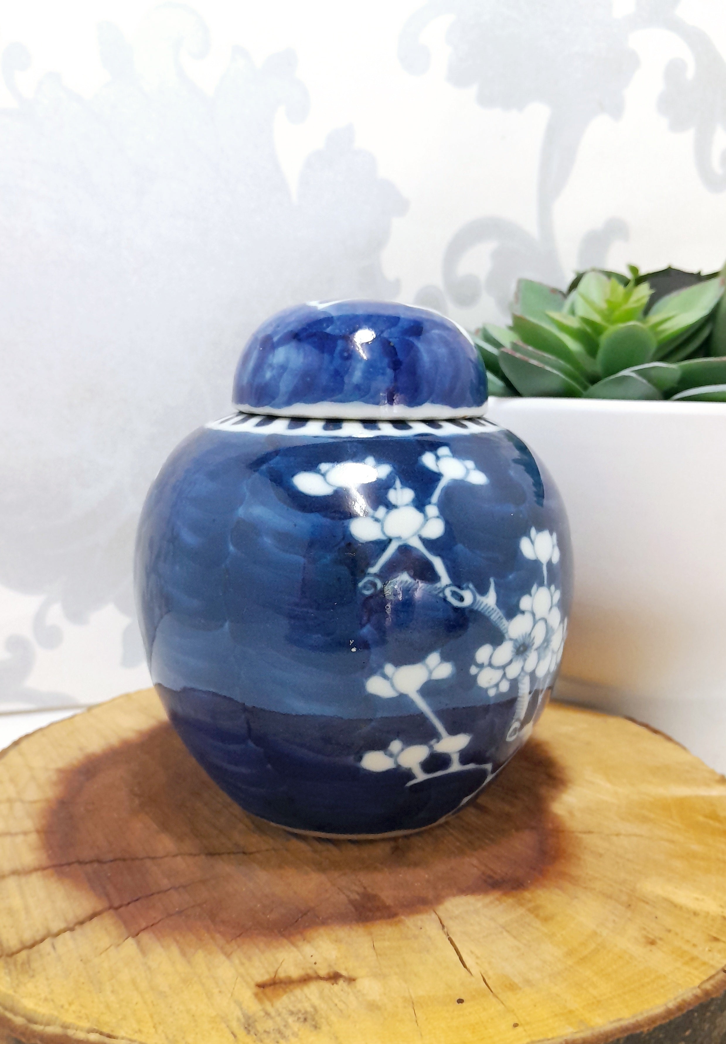 Mottled Cobalt Blue & White Cherry Blossom Ginger Jar