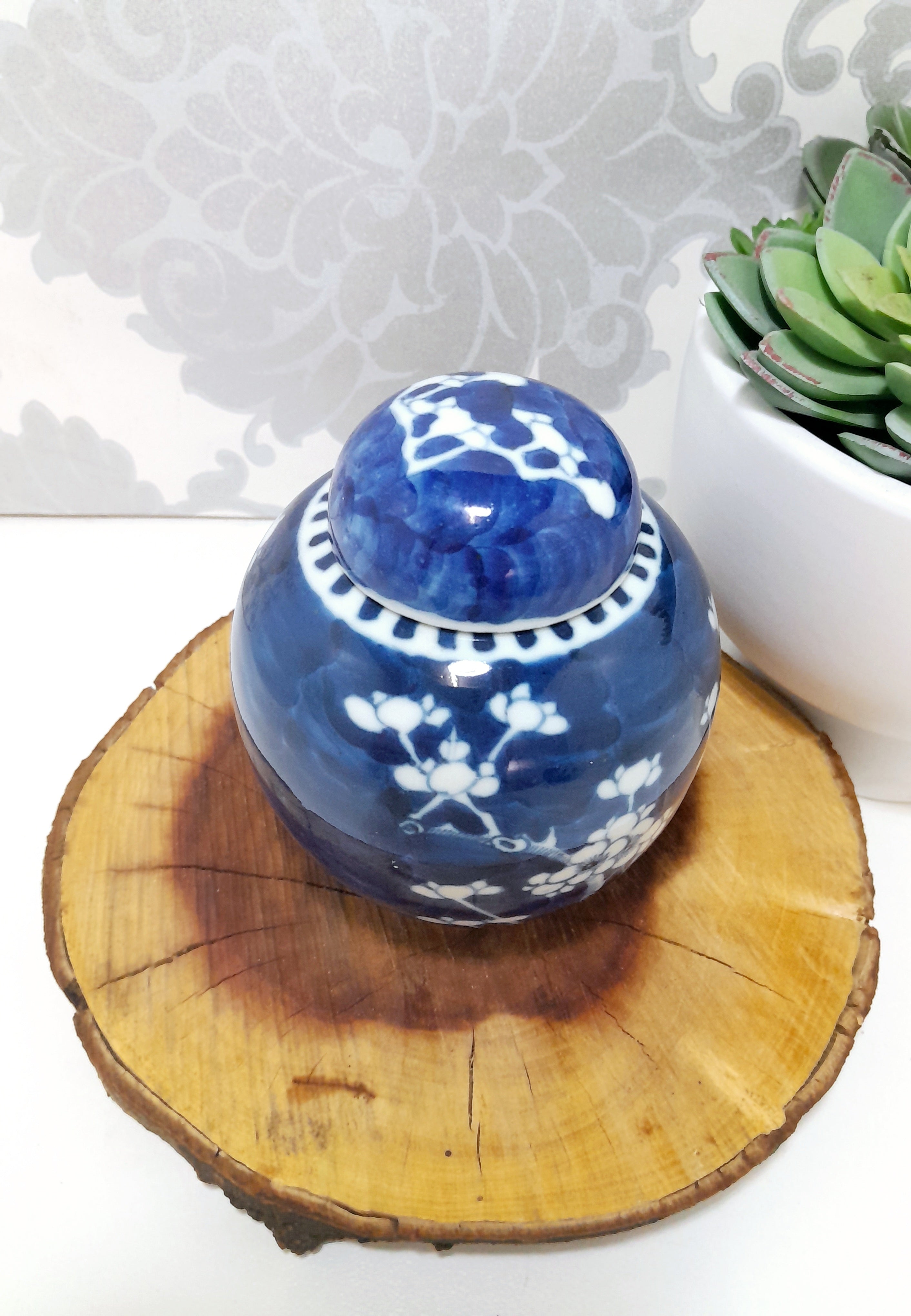 Mottled Cobalt Blue & White Cherry Blossom Ginger Jar