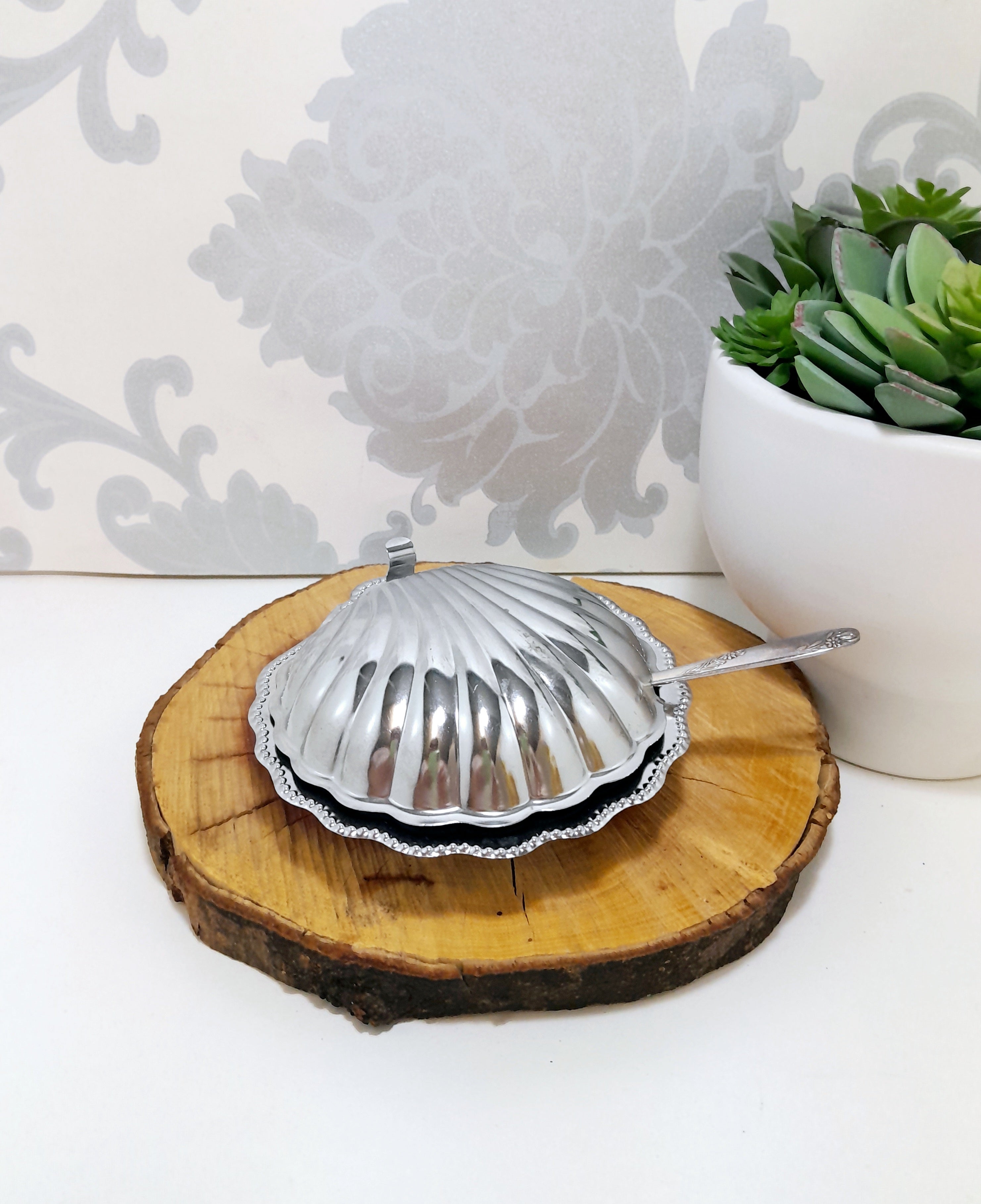 Silver Metal Shell Butter Dish With Blue Glass Liner & Angora EPNS Butter Knife