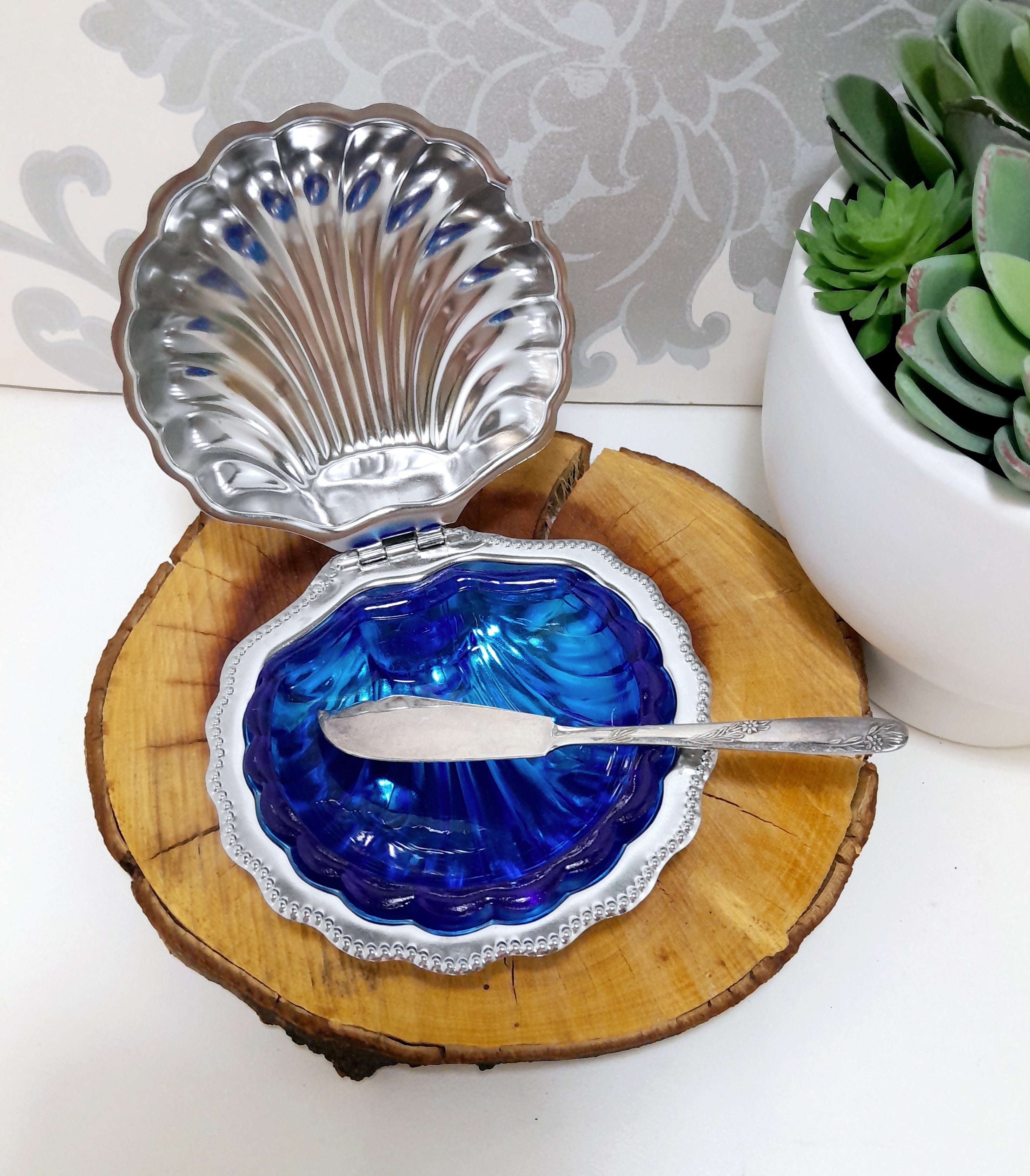 Silver Metal Shell Butter Dish With Blue Glass Liner & Angora EPNS Butter Knife